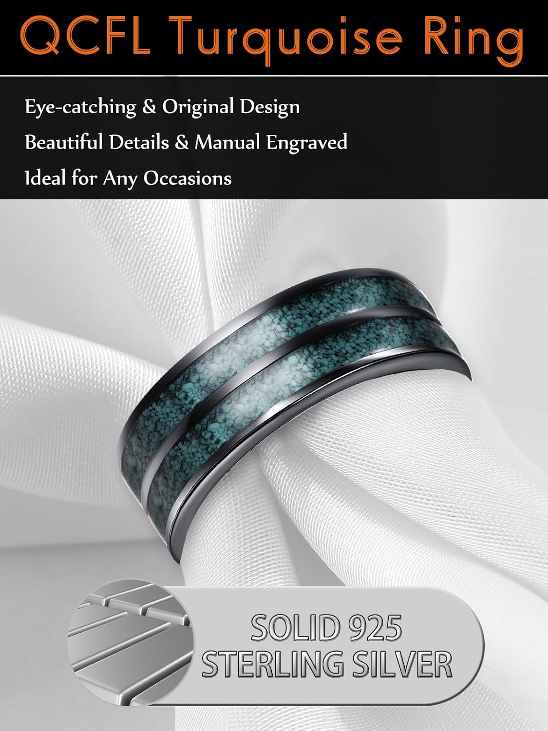 Black Rings for Men, Wedding Bands with Turquoise Wood, 925 Sterling Silver Engagement Promise Ring, High Polished, Comfort Fit Size 5-15