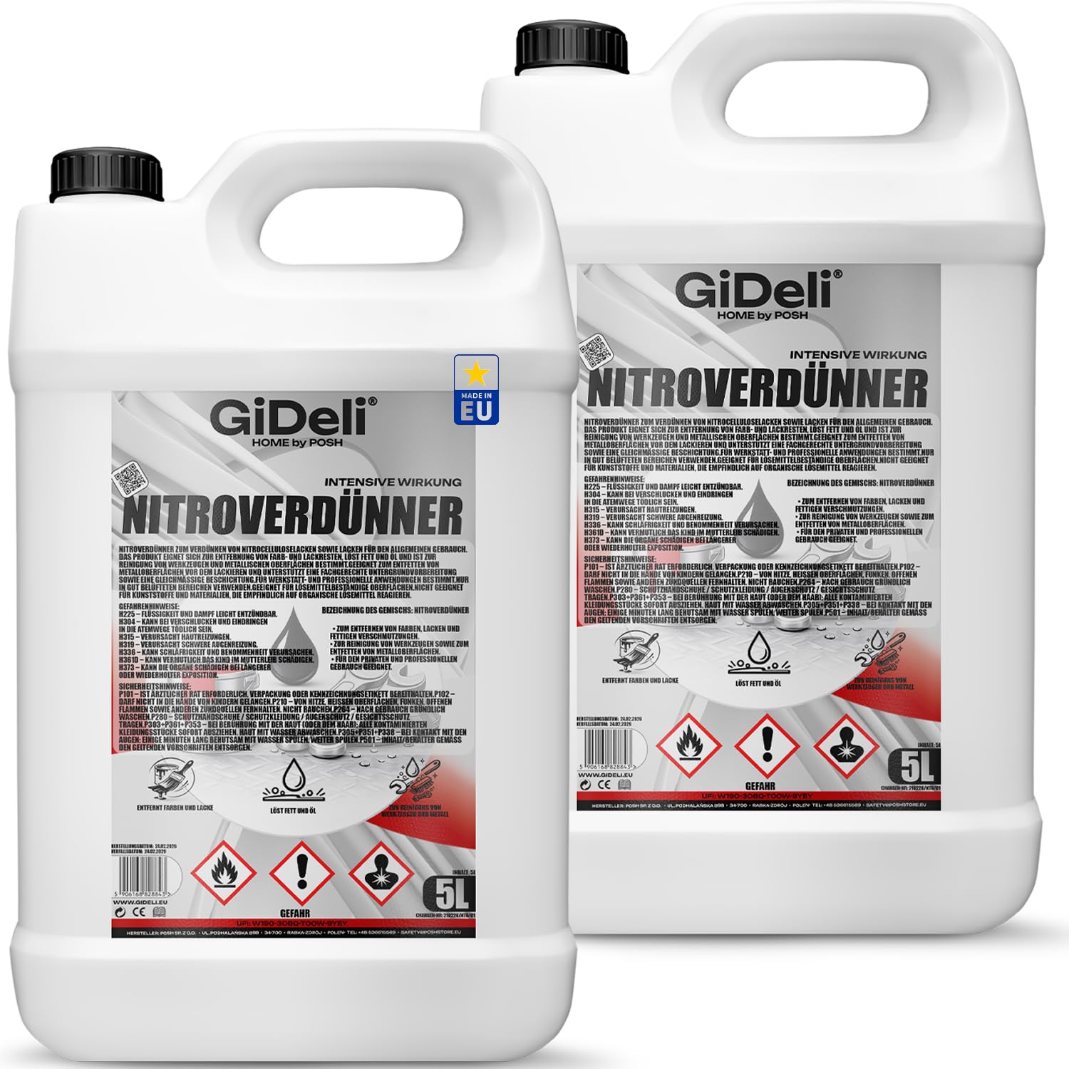 GiDeli Nitroverdünner 2 x 5L - Leistungsstarke Universeller Nitroverdünnung zum Reinigen von Pinseln und Malwerkzeugen - für Farben und Lacke - für Werkstatt- und Renovierungsarbeiten