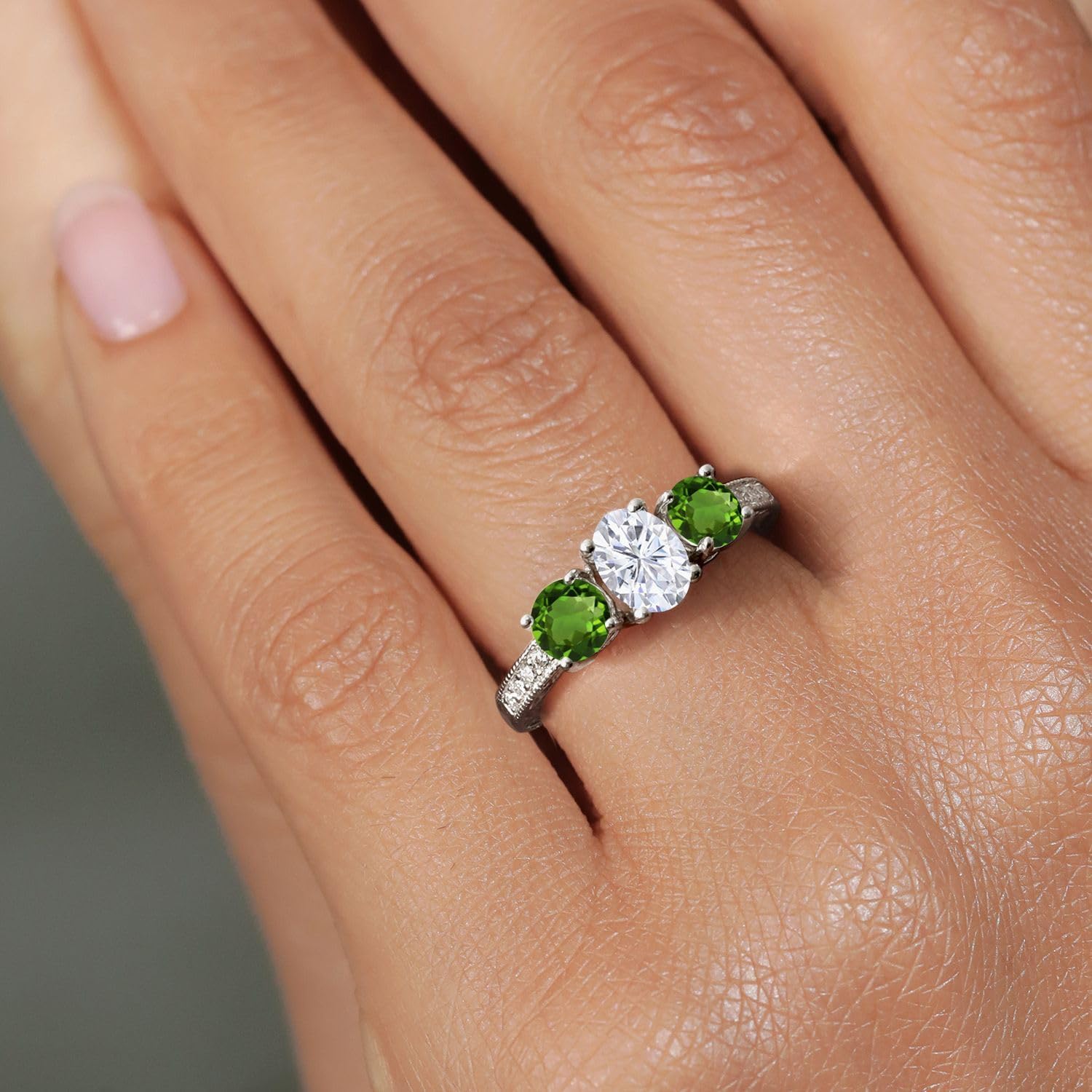 Gem Stone King 2.02 Cttw Oval Moissanite and Chrome Diopside 3-Stone Women Ring | 925 Sterling Silver | Gemstone Birthstone | Wedding Engagement Anniversary Promise Ring For Women