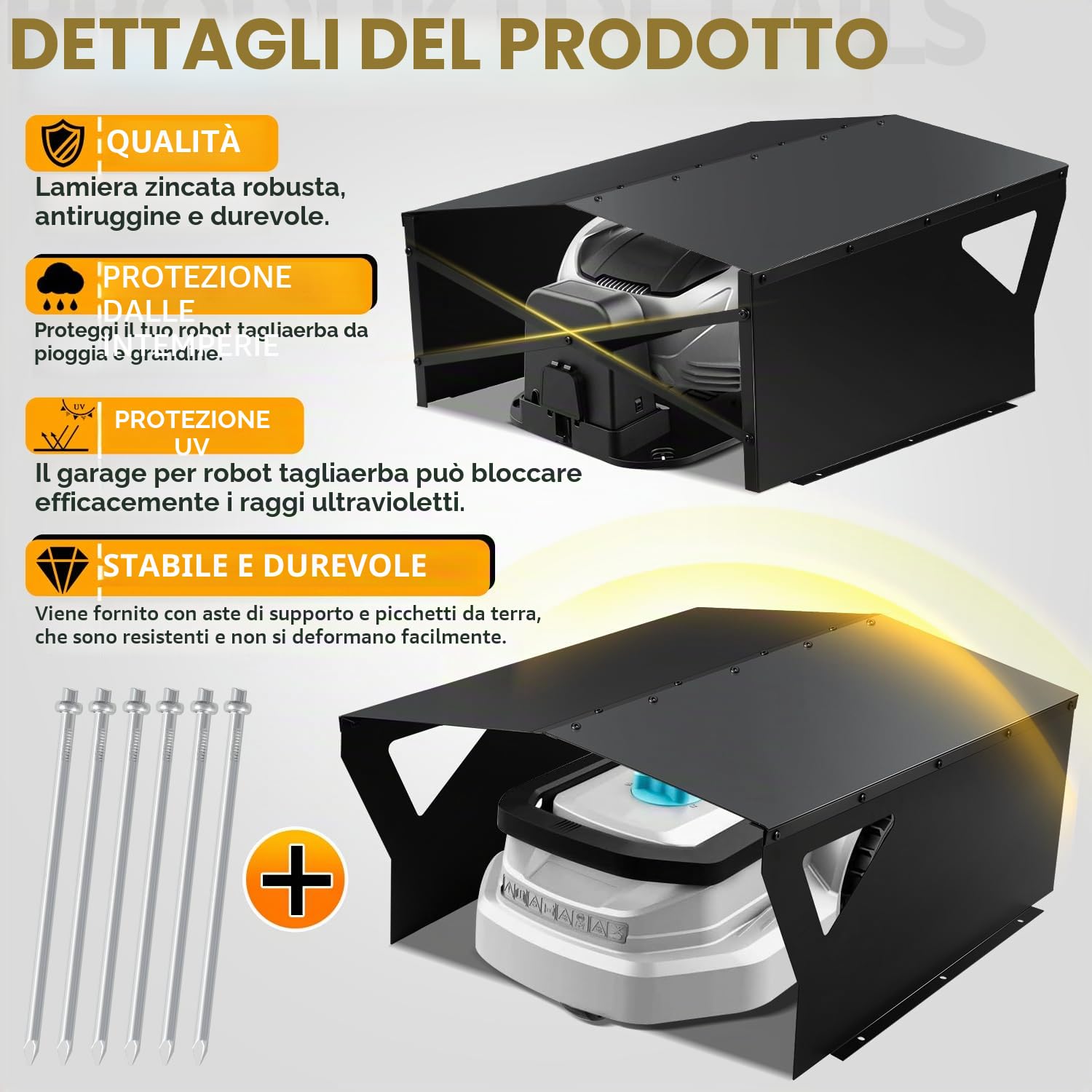 Gimisgu Tettoia protettiva zincata per robot tosaerba, con guanti e protezione UV, ideale contro pioggia e grandine, 78 x 60 x 34 cm, nero