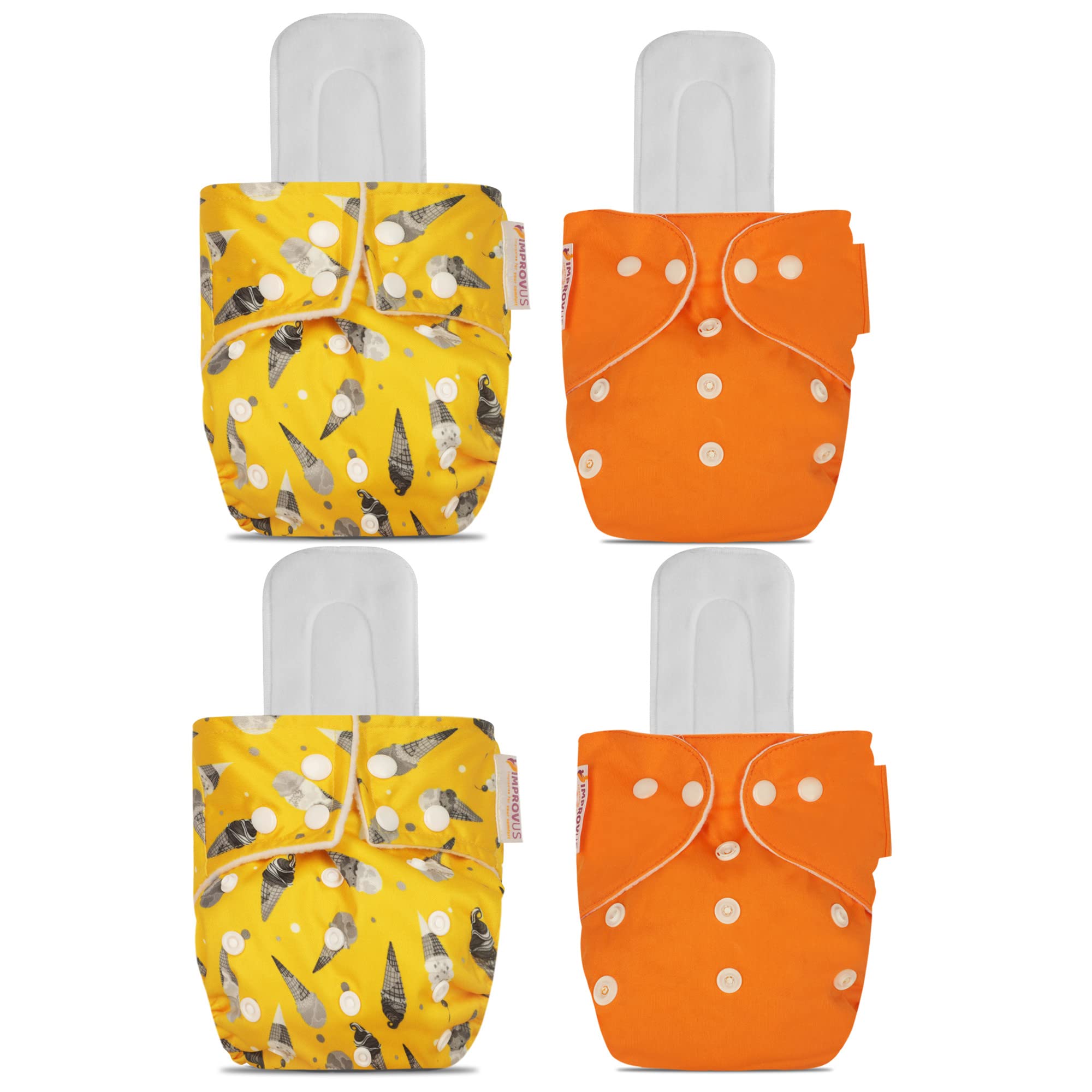 IMPROVUS 100% Cloth Diapers for Babies (0 - 3 Years), Reusable, Washable & Adjustable Nappies Snap Buttons and Wet-Free Insert Pads ( Yellow & Orange MC pack of 4 cloth diaper and 2 insert pads)
