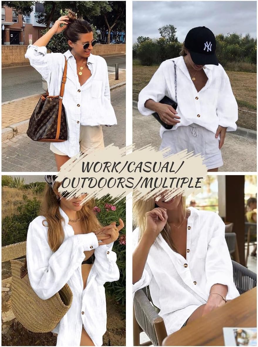 Women's Cotton Linen Button Down Shirt V Neck Roll Up Long Sleeve Collared Blouse Loose Fit Casual Work Tops - Image 5