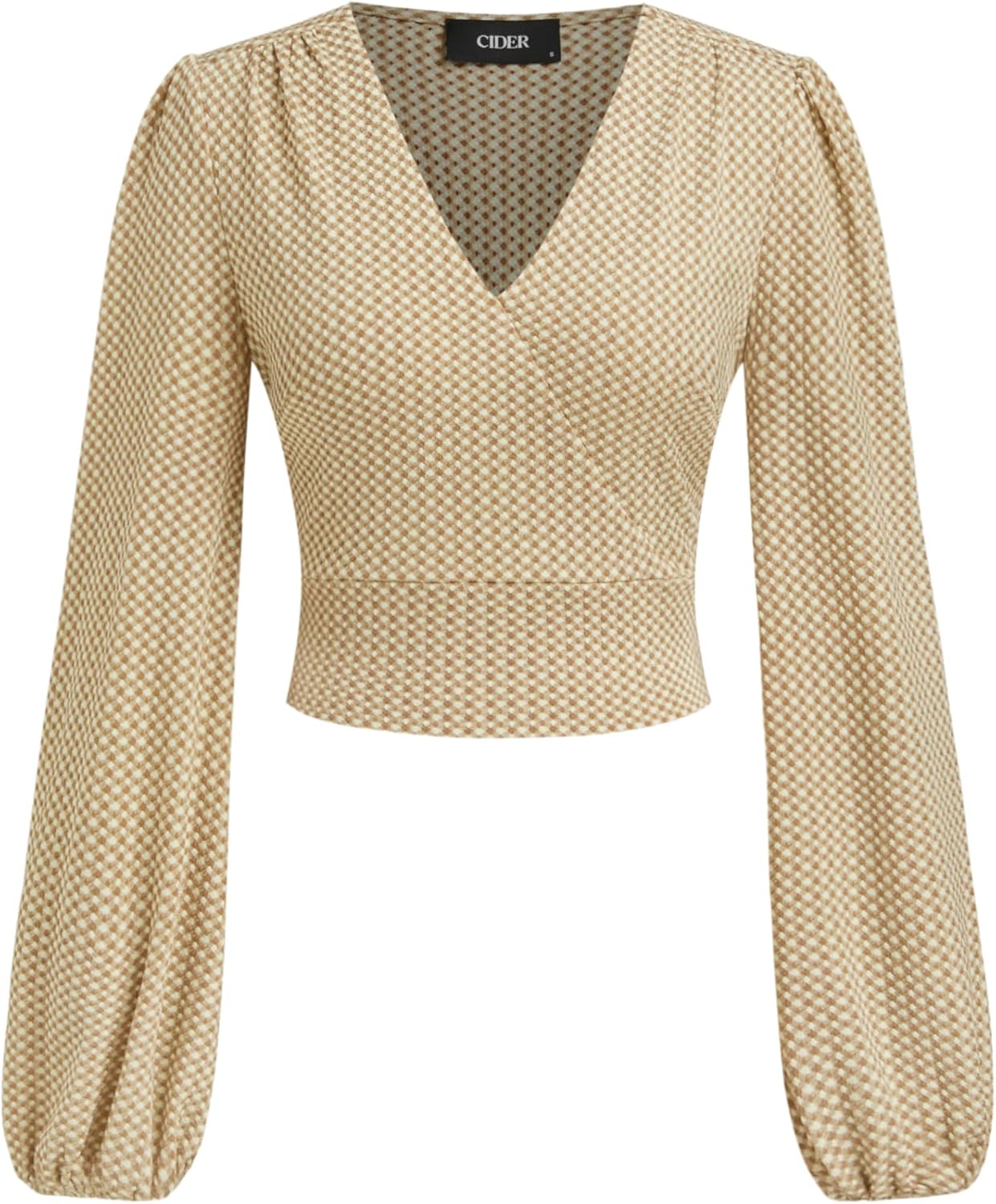 CIDER Womens V Neck Long Lantern Sleeve Crop Knit Patterned Top Fashion Going Out Outfit