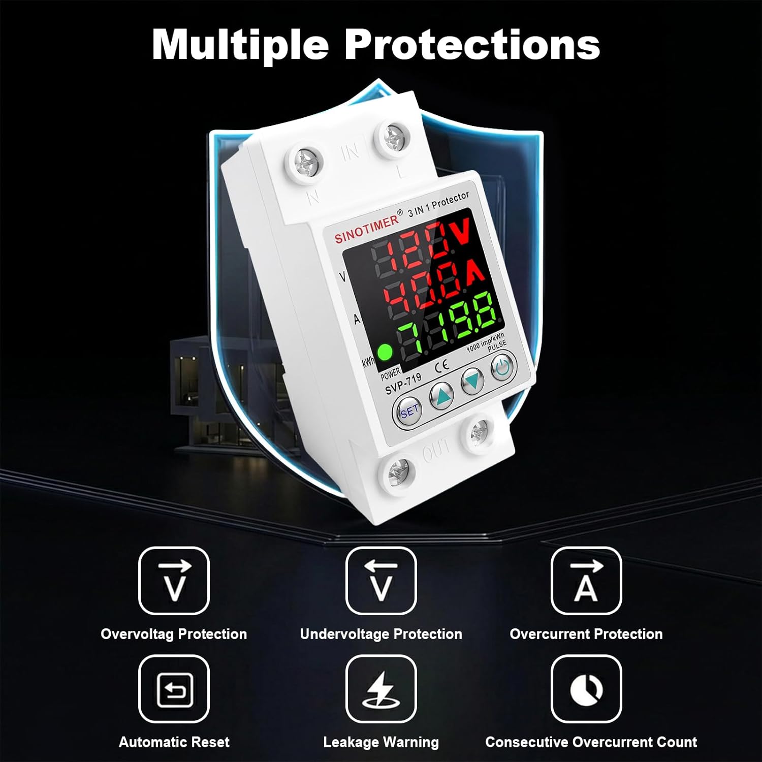Diagram illustrating the multiple protection features of the SINOTIMER protector, including over/under voltagе и прекомерне струје.