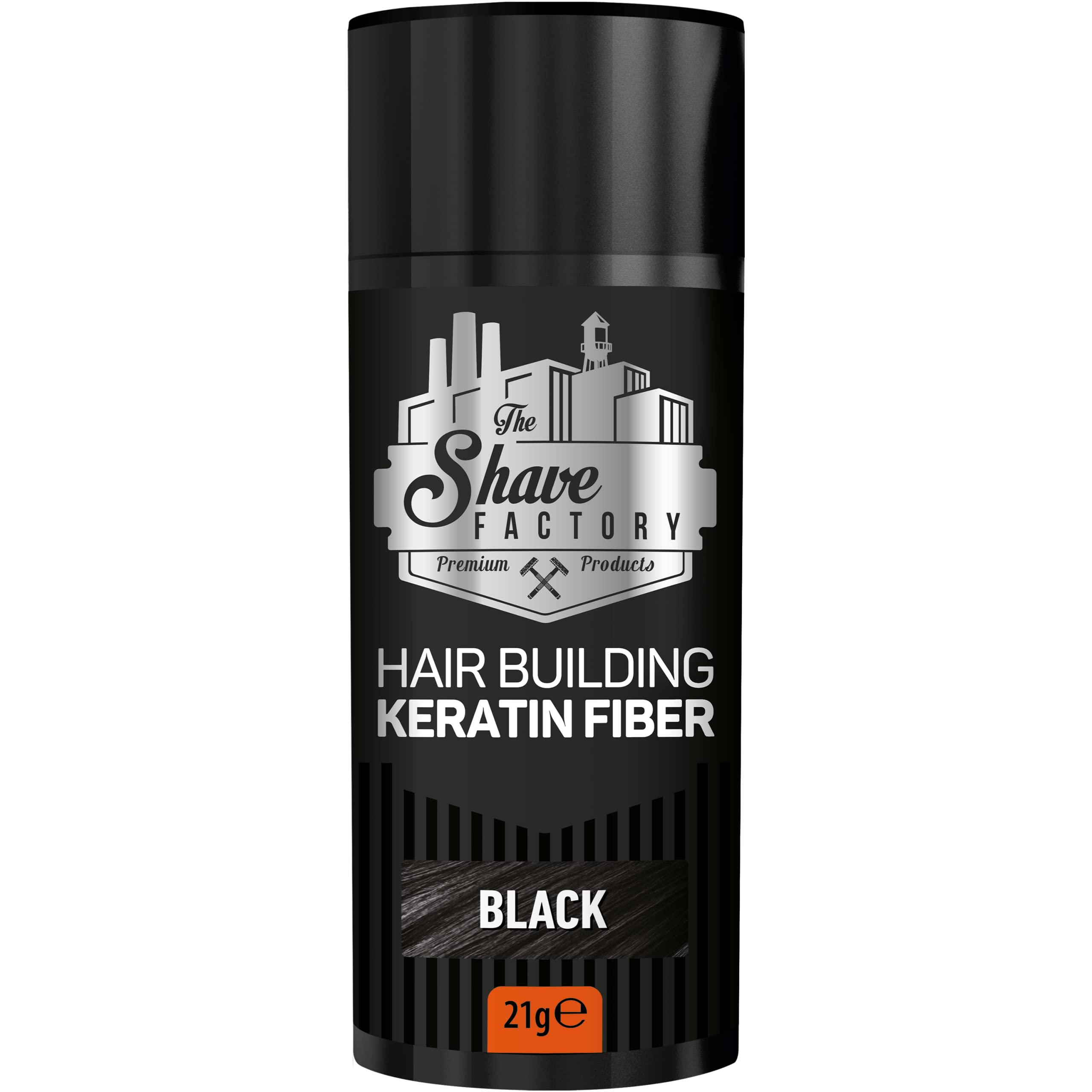THE SHAVE FACTORY Hair Building - Fibra di cheratina da 21 g, grande, in latta, per versare i capelli, colore: nero