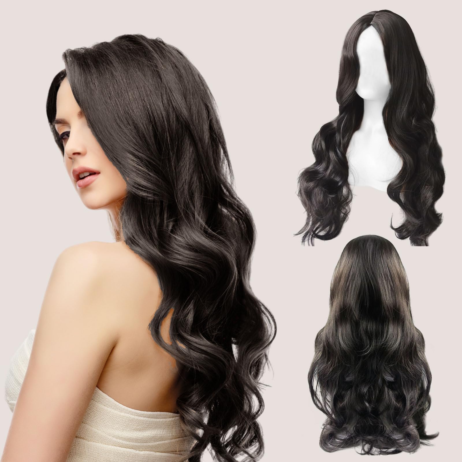 TSHAOUN Parrucca Lungo Ondulato Donna, 27''/70cm Nero, Capelli Lunghi Mossi Ricci per Cosplay e Feste
