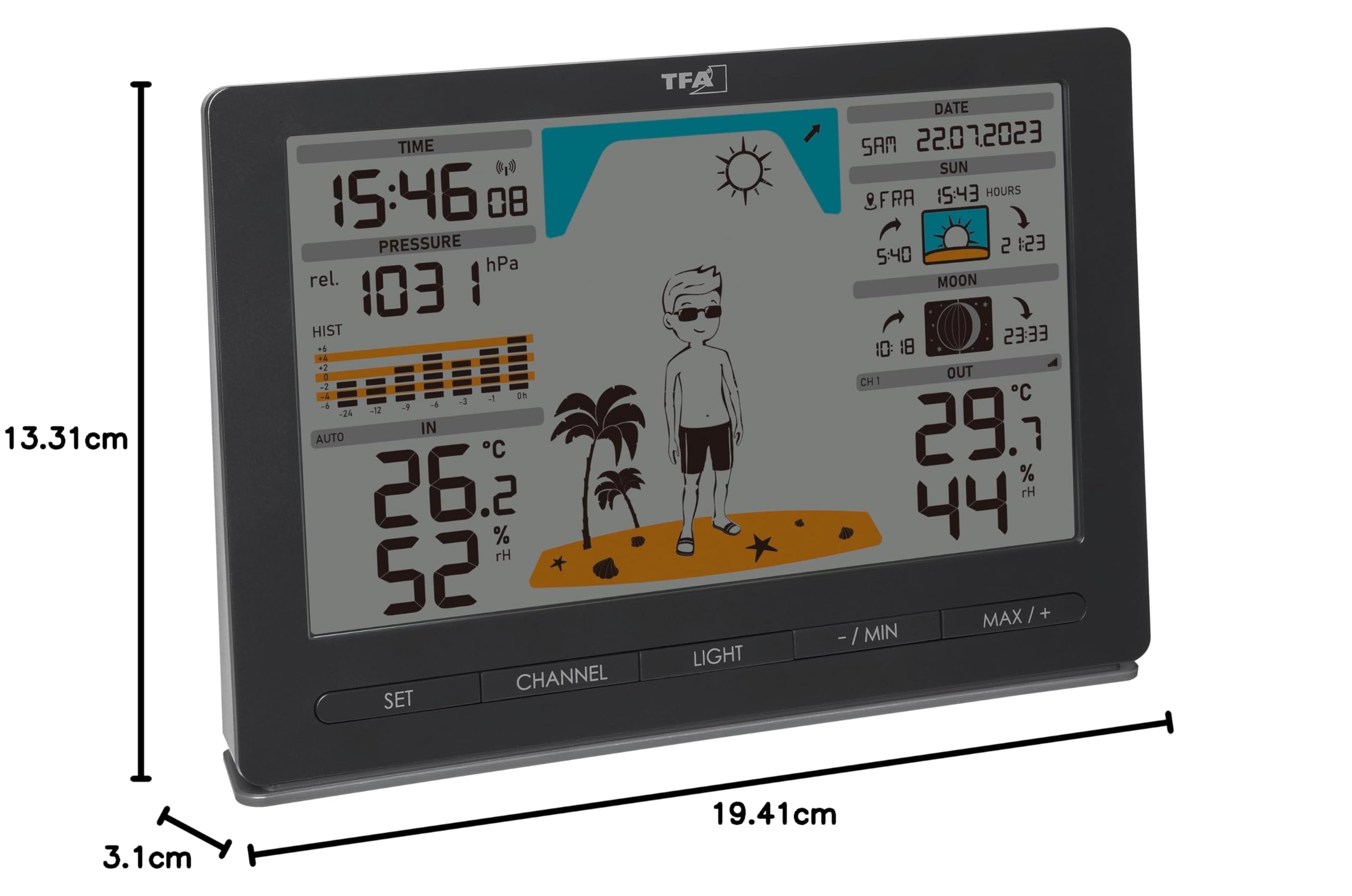 TFA Dostmann Stazione Meteo Wireless METEO JACK, 35.1097.01, con Sensore Esterno Radiocontrollato, Previsioni del Tempo, Pressione Atmosferica, Fasi Lunari, Orologio Radio, Nero