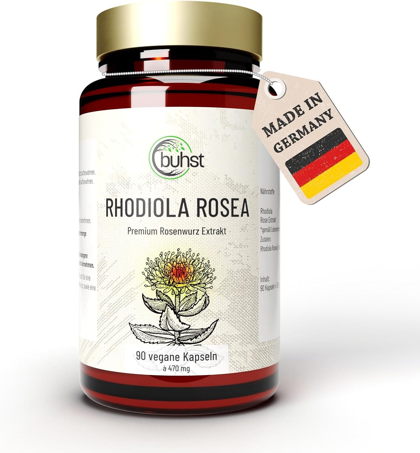 BUHST Rhodiola Rosea Capsules – Premium Rose Root in high doses from Careful Selection, Natural Mood Enhancer with 3% 𝖲𝖺𝗅𝗂𝖽𝗋𝗈𝗌𝗂𝖽 Against Exhaustion, 90 Vegan Capsules of 470 mg Each