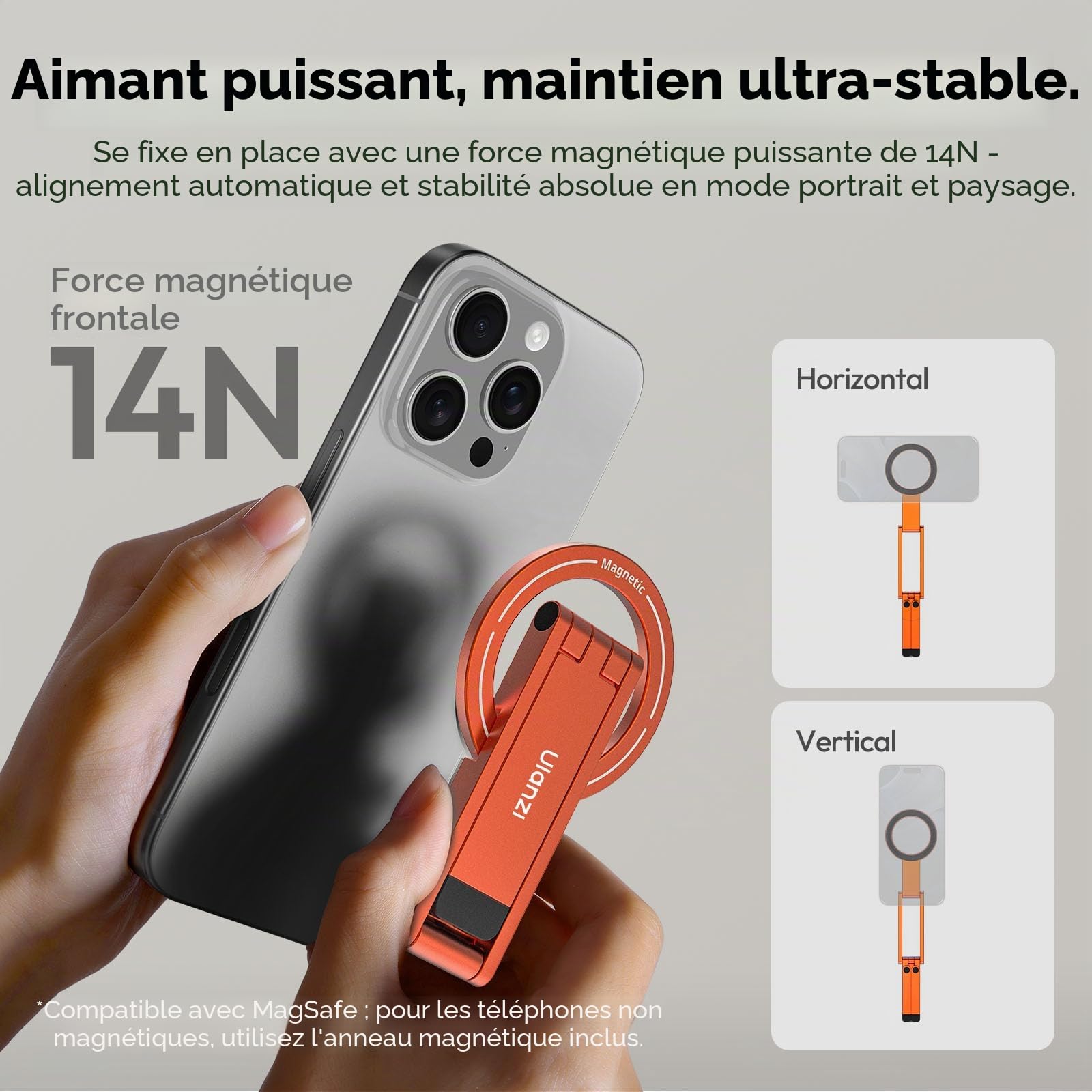 ULANZI MA60 Trépied Magnétique, 3-in-1 Aluminium Mini Selfie Stick Pliable, Force Magnétique 14, Support de Téléphone Portable Pocket Tripod Compatible iPhone 17 16 15 14 13 12 Magsafe Sumsung, Orange