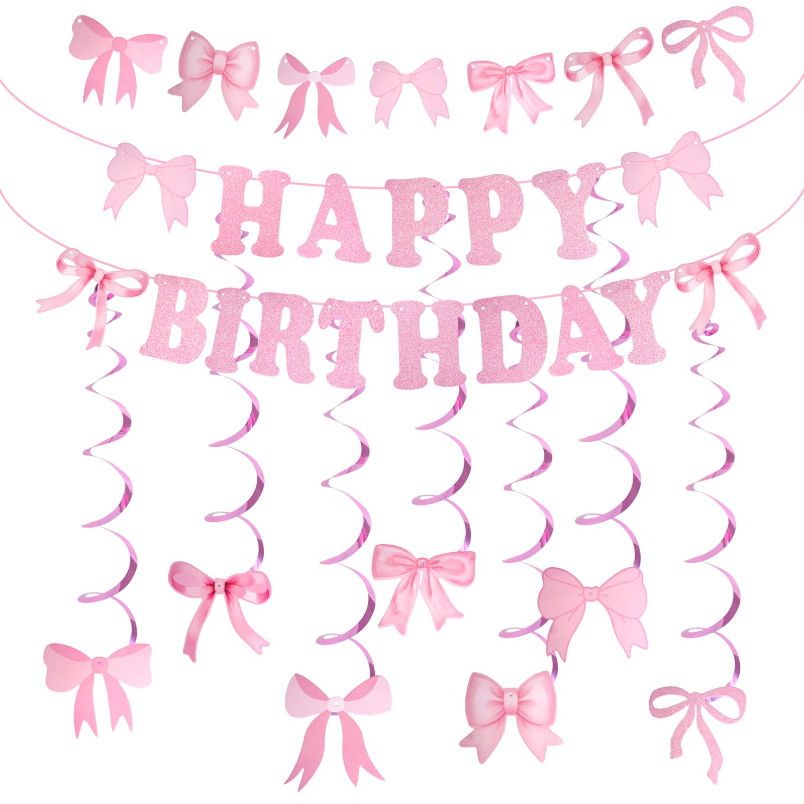 1 Set Bow Happy Birthday Banner Bow Hanging Swirls Ceiling Decor Bows Birthday Party Decoration for Girls Women Birth day Party Decorations