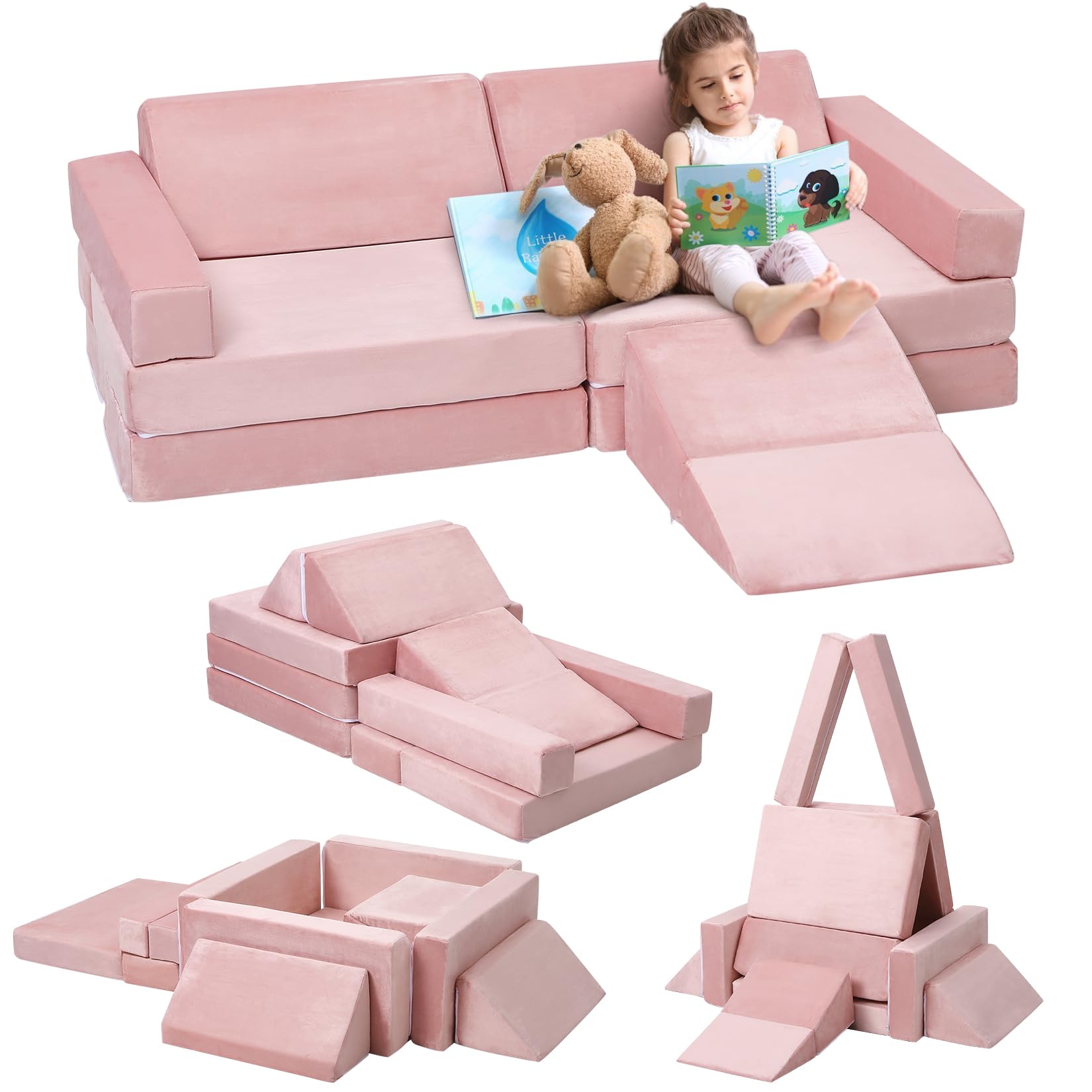 Garvee Canapé de Jeu Évolutif pour Enfants 12 Pièces, Piscine à Balles Carrée et Toboggan, Meuble en Mousse pour Construire des Cabanes, Jeu Créatif, Motricité, Salle de Jeux, Rose