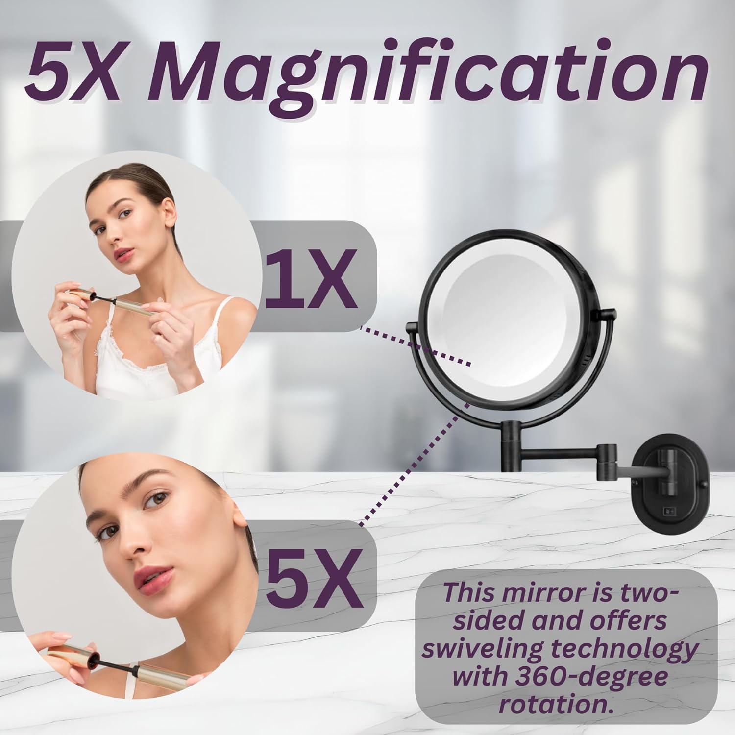 JERDON Wall-Mounted Makeup Mirror with 5X Magnification - Black Makeup Mirror with LED Lights - Direct Wire - Model HL65BKD