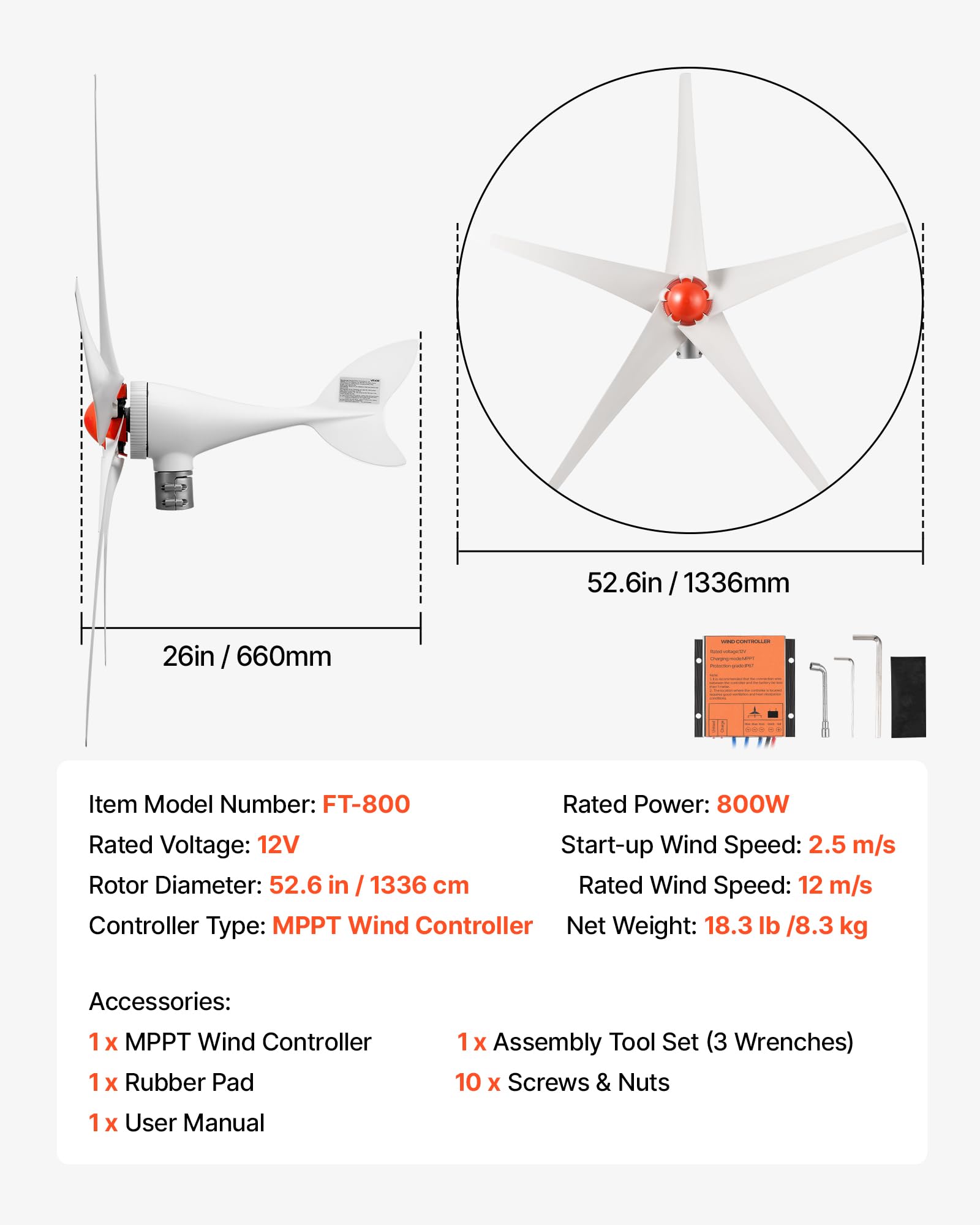 VEVOR 800W 12V Horizontale Windkraftanlage Windturbine mit MPPT-Laderegler, 5 Rotorblätter, 3-Phasen-Wechselstrom, IP67 & Überladeschutz, Windgenerator für Wohnhaus Bauernhof RV Marine & Inselsystem