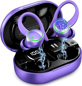 Wireless Earbuds, Bluetooth 5.4 Headphones Sports, 50H Playback Over-Ear buds with ENC Noise Cancelling Mic, Deep Bass Earphones with Earhooks, IP7 Waterproof Headset for Running Workout Gym Violet