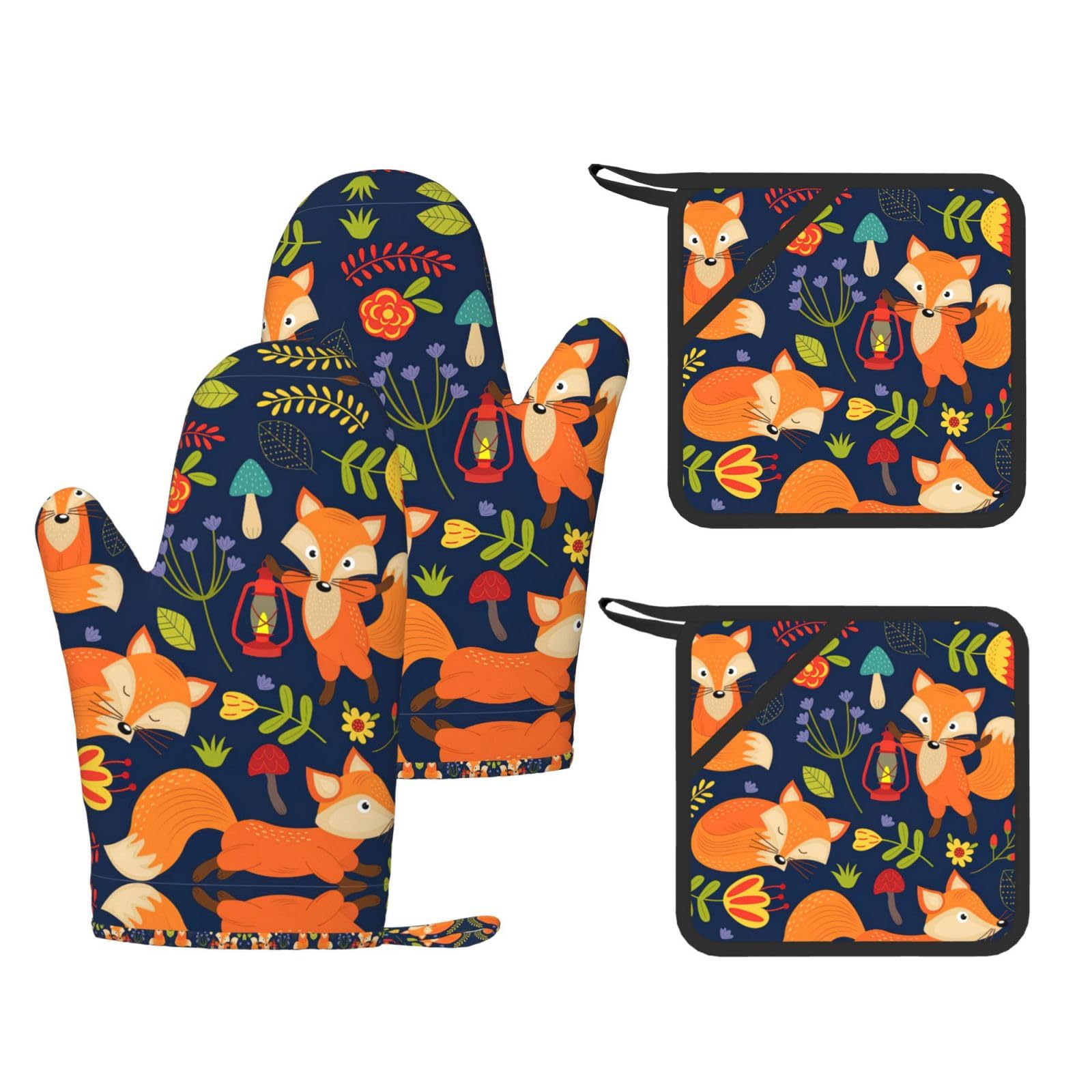 Cute Animal Fox Flower Trendy Printed Kitchen Set with Heat Resistant Gloves & Non-Slip Hot Pads for Baking & Grilling
