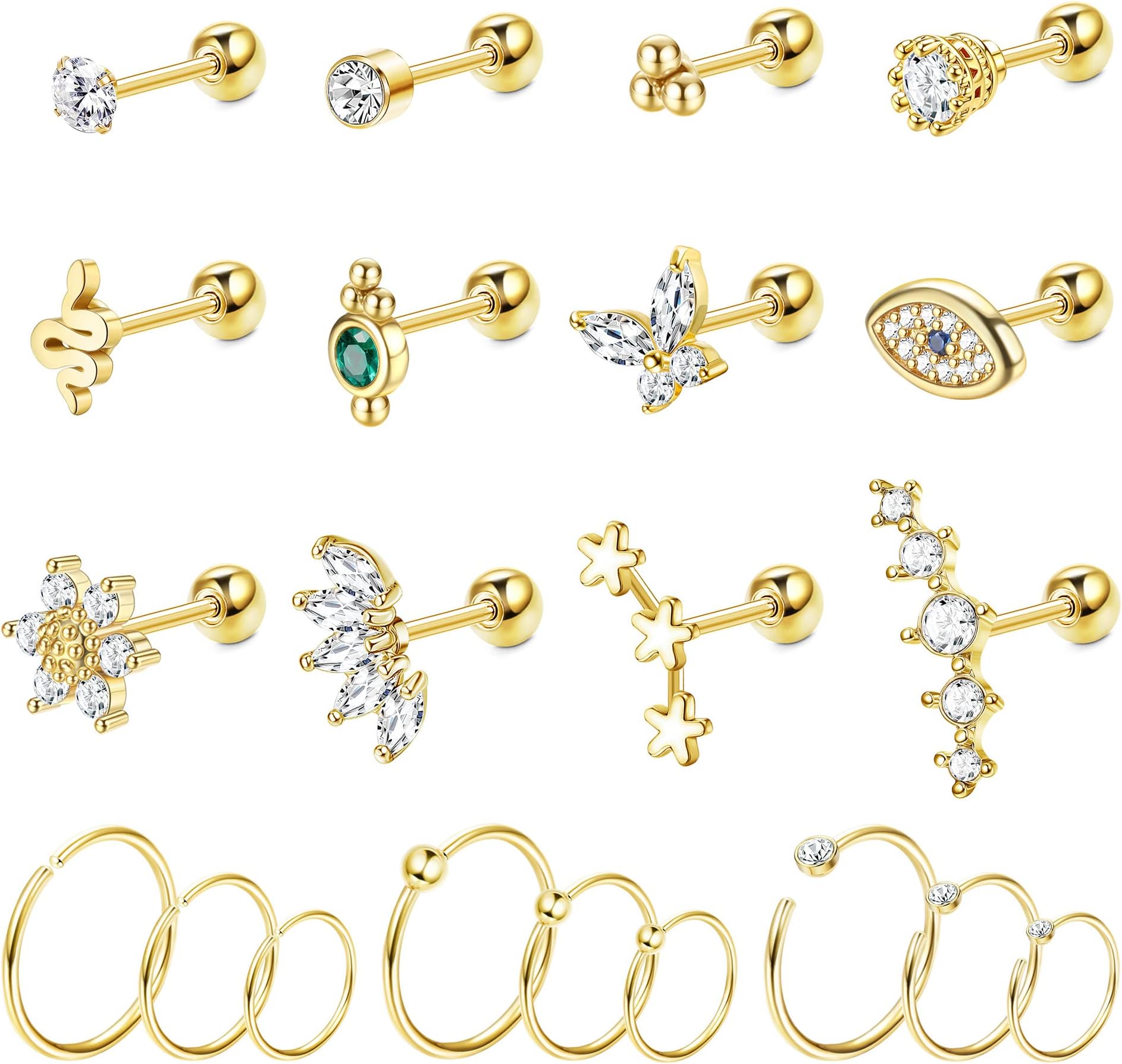 ADRAMATA21Pcs 16G Helix Earrings for Women Surgical Steel Tragus Helix Piercing Jewellery Rook Daith Hoop Earrings Set CZ Ear Piercing Studs Cartilage Helix Tragus Earrings Piercing Set