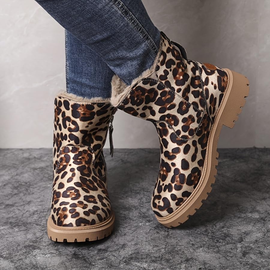 Women's Large Size Leopard Print Winter Snow Boots - Faux Fur-Lined, Thick Warm Fabric, Anti-Slip Rubber Sole