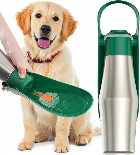 Tazón portátil para botella de agua para perros, dispensador de agua de viaje de 27 onzas para perros, acero inoxidable a prueba de fugas,
