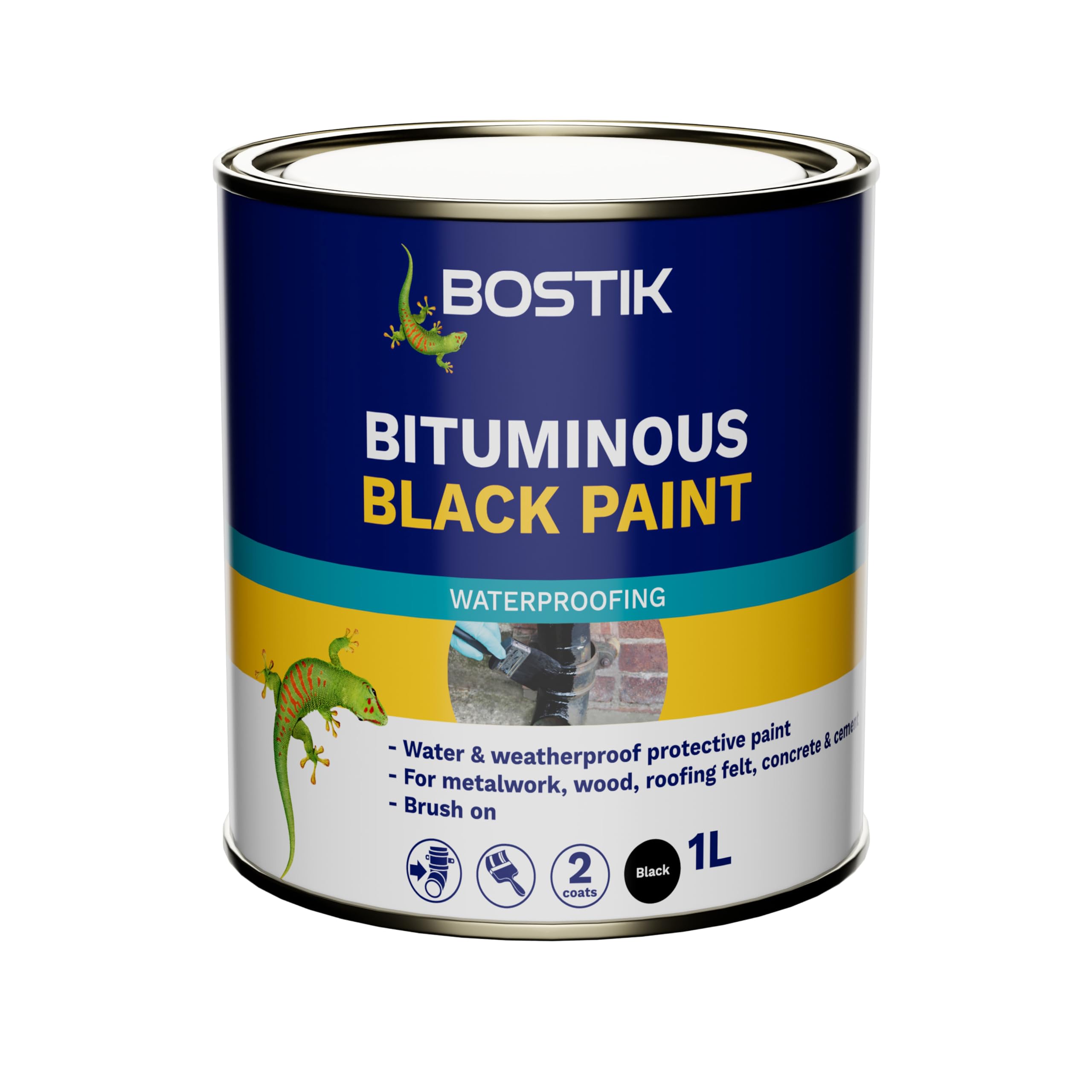 Bostik Bituminous Black Paint, Waterproofing Paint for Metalwork and Roofs, Brush On, Colour: Black, 1L Tin