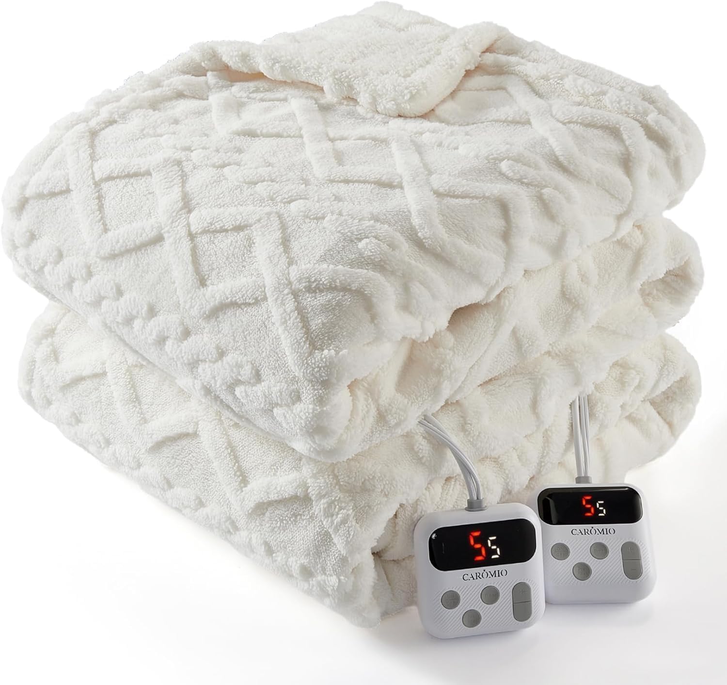 A folded off-white MilleLoom King Size Heated Electric Blanket with two digital controllers visible.