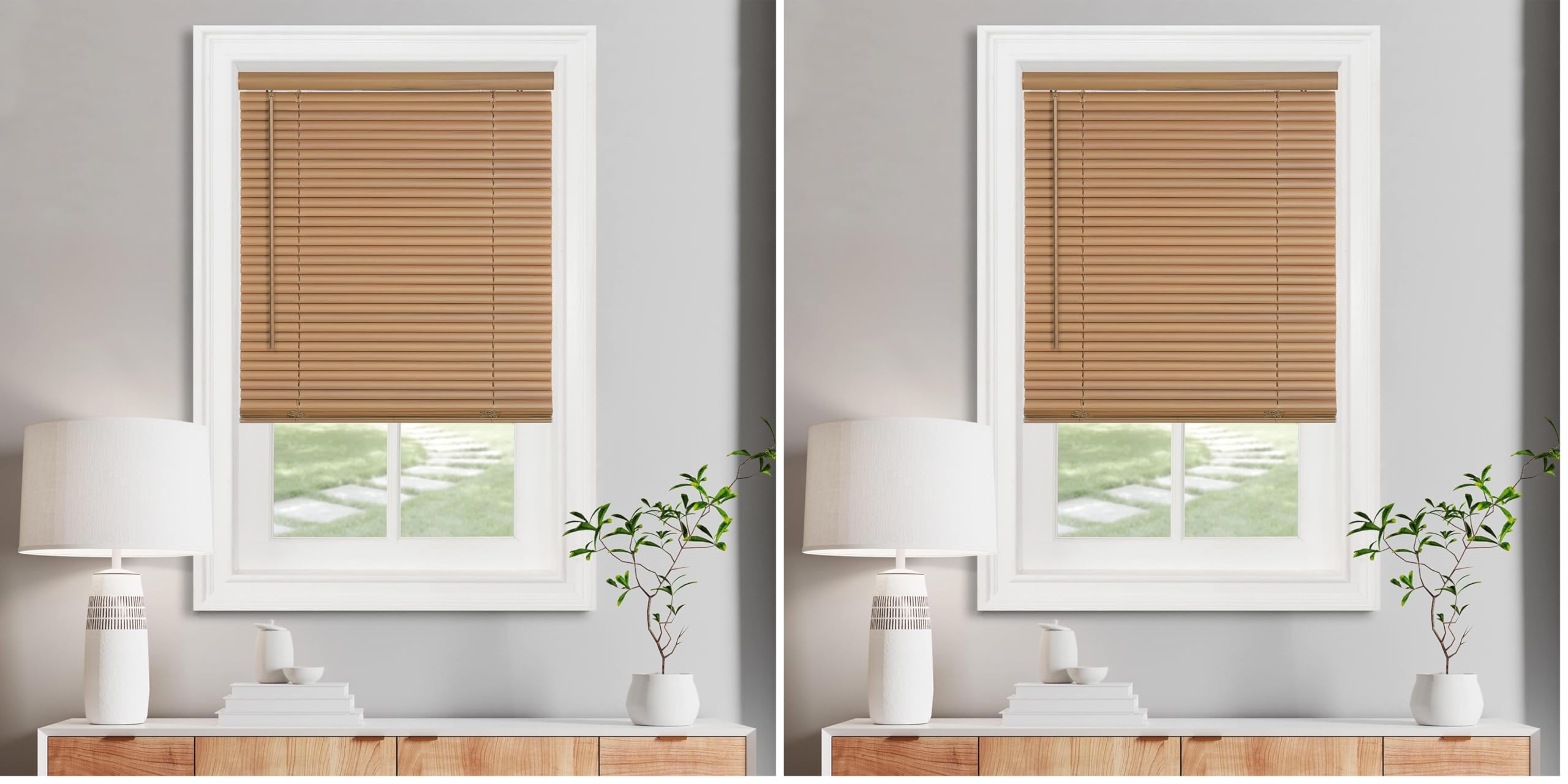Cordless Light Filtering Mini Blind - 25 Inch Width, 64 Inch Length, 1" Slat Size - Woodtone - Cordless GII Morningstar Horizontal Windows Blinds for Interior by Achim Home Decor (Pack of 2)