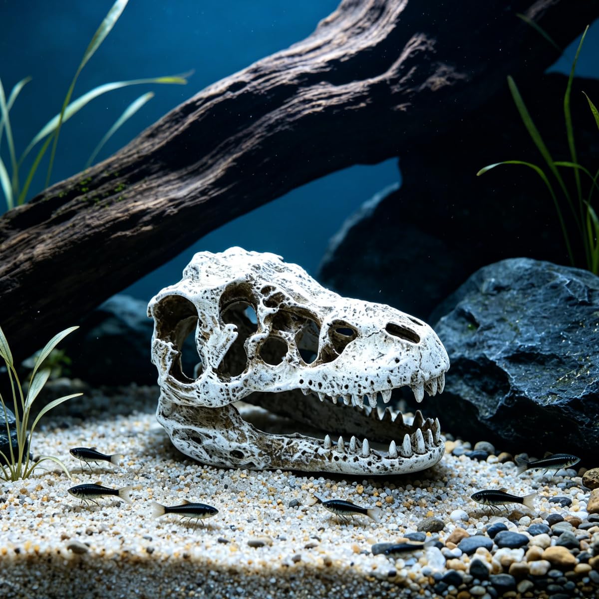 Dinosaurier-Schädel Aquarium Dekoration, Harz Fischbecken Deko, 15x9x8cm, Versteck für Fische, Reptilien Unterschlupf Höhle, Set 1 2 4 (Groß 4 STK.)
