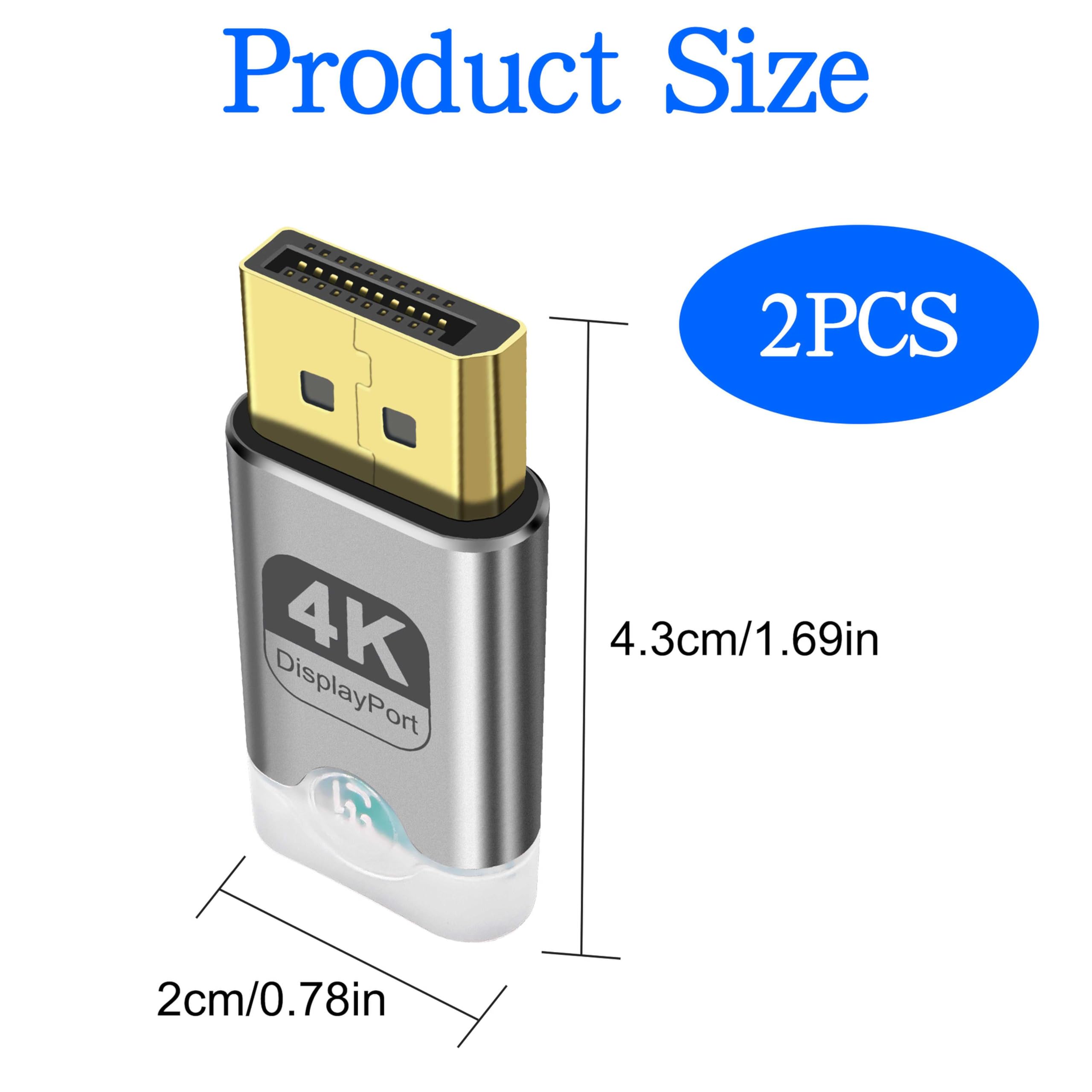 XMSJSIY 4K DP Dummy Plug DisplayPort Display EDID Emulatore mente senza testa con luce a LED, adattatore display virtuale supporta 3840 x 2160 @60 Hz per PC desktop remoto, 2 pezzi