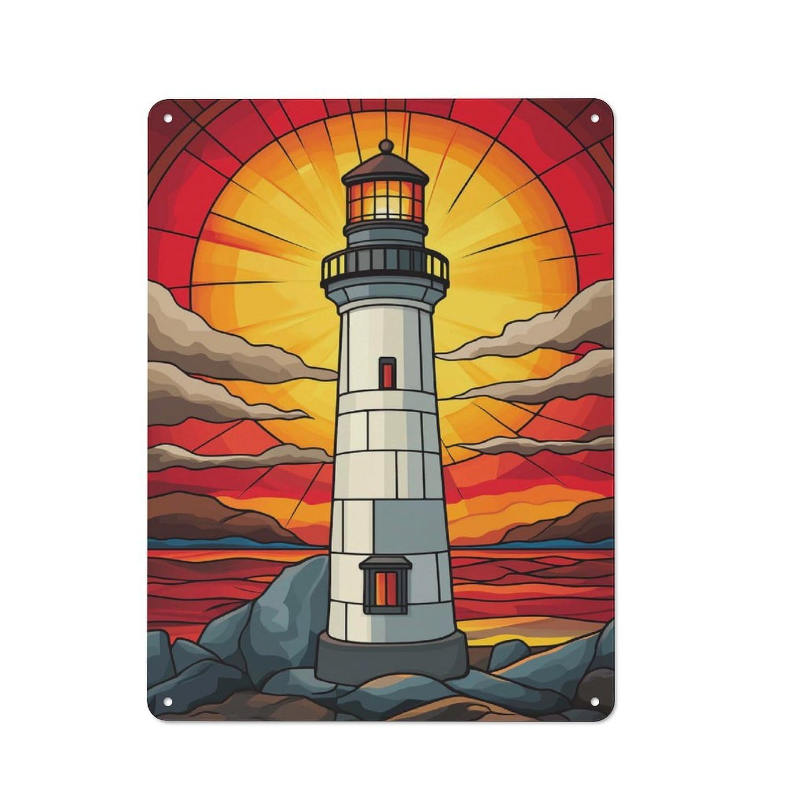 Classic Lighthouse Sunset Metal Wall Plaque 40x30cm, Nostalgic Wall Art for Living Room, Hallway, Kitchen Or Cafe