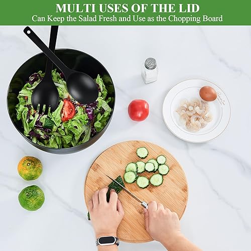 Miniatura 3 de GEHE Ensaladera de 12 pulgadas, cuenco de ensalada de fibra de bambú con tapa, cuencos de mezcla extra grandes de 7.7 cuartos de galón con Negro