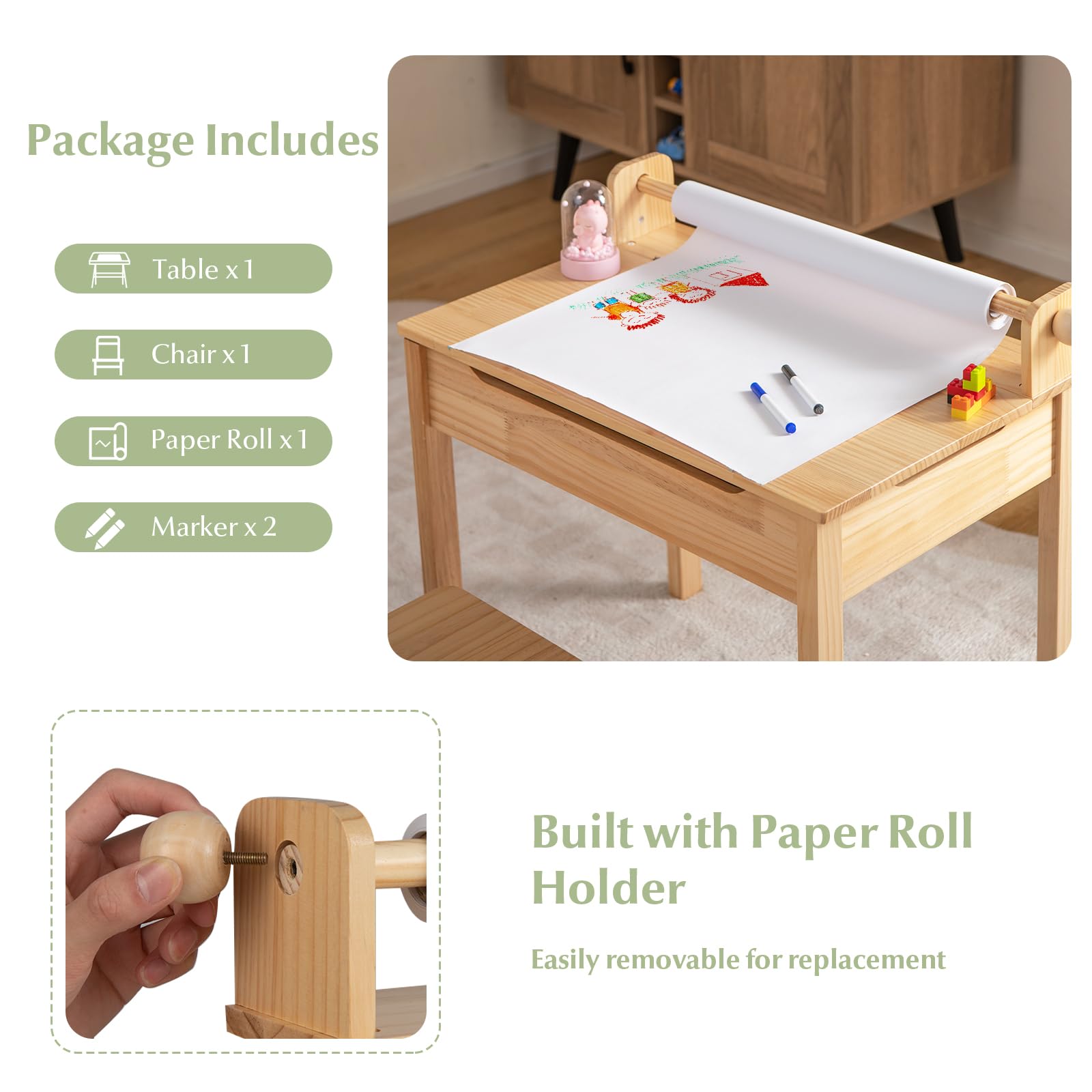 LIFEZEAL Juego de Mesa y Silla Infantil, pupitre Escolar con Silla y cajón, Escritorio con Tablero Plegable y portarrollos de Papel, Conjunto de pupitre para niños de 3 a 12 años (Natural)