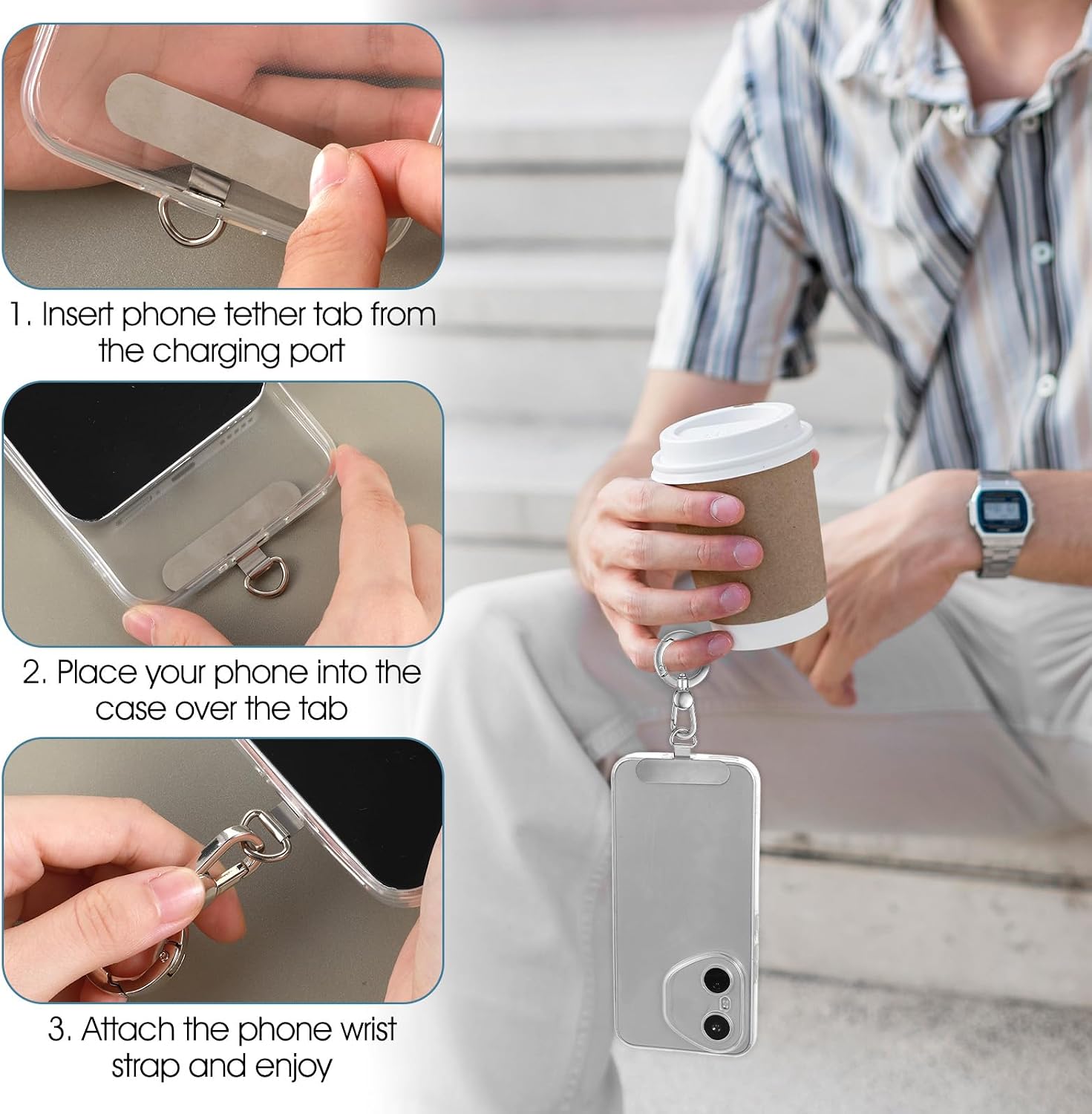 2-Pack Metal Phone Tether Tab, Anti Lost Lanyard Pad with 360° Rotatable Spring Ring, Universal Cellphone Grip Holder, Keychain Attachment - Silver