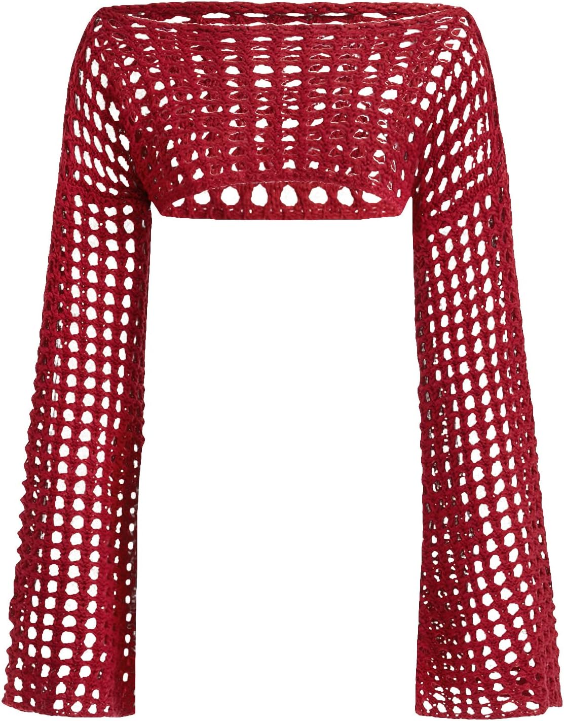 WDIRARA Women's Crochet Crop Tops Shrugs Y2k Hollow Out Sweater Knit Crochet Long Sleeve Crop Tops