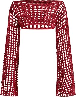Women's Crochet Crop Tops Shrugs Y2k Hollow Out Sweater Knit Crochet Long Sleeve Crop Tops