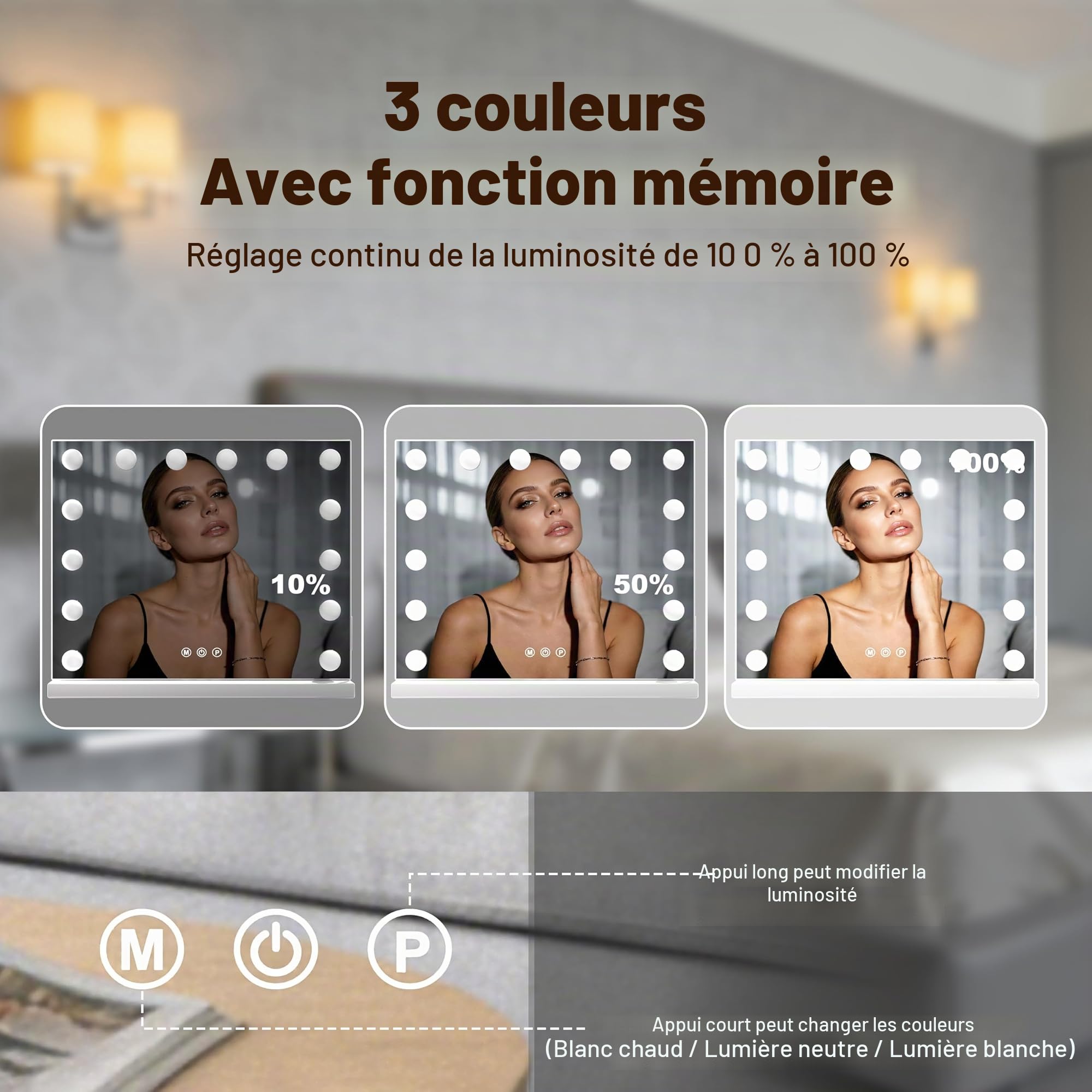 SURFOU Hollywood Miroir de Coiffeuse avec éclairage, 14 lumières LED avec 3 températures de Couleur, Miroir cosmétique à intensité Variable avec Ports de Charge, contrôle Tactile, 50 x 40 cm (Blanc)