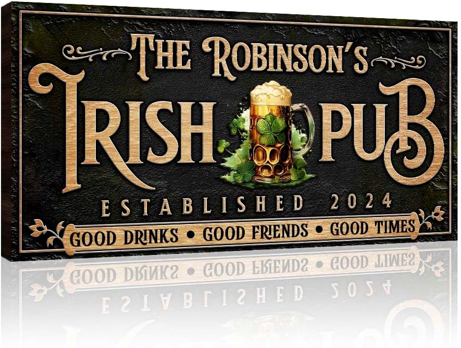 TAILORED CANVASES - Custom Irish Pub Sign - Personalized Bar and Lounge Decor for Home Bars, Basements, and pubs - Rustic Vintage Canvas Art for mancaves and Kitchens