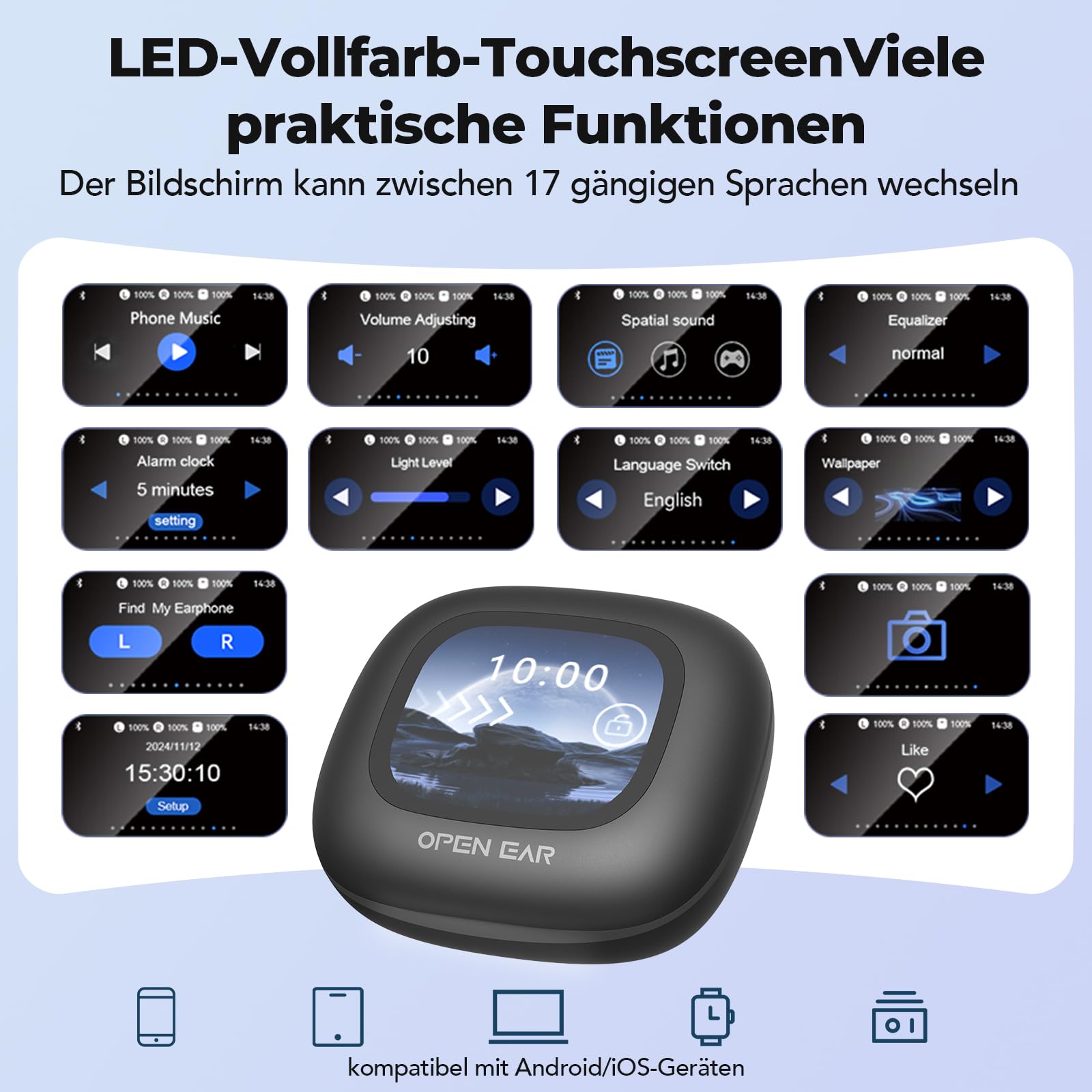 BEARTAIN 3-in-1 Übersetzungskopfhörer mit Echtzeitübersetzung, 150 Sprachen, Touchscreen, 60H Akku für iOS Android Reisen Geschäft