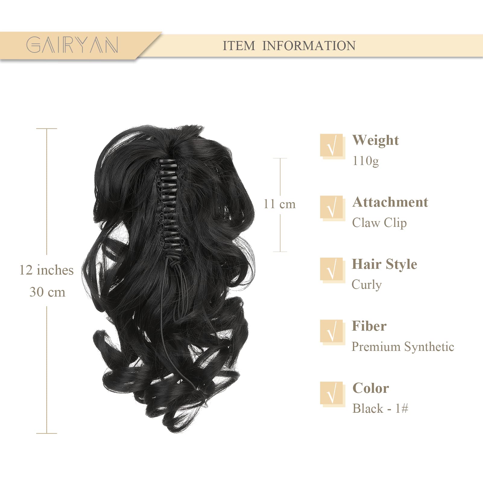 Gairyan 12" Clip in Ponytail Hair Extensions Curly Ponytail Extension Claw on Pony tails Wavy Synthetic Hairpieces for Women Real Look Short Wave (Black) - Image 2