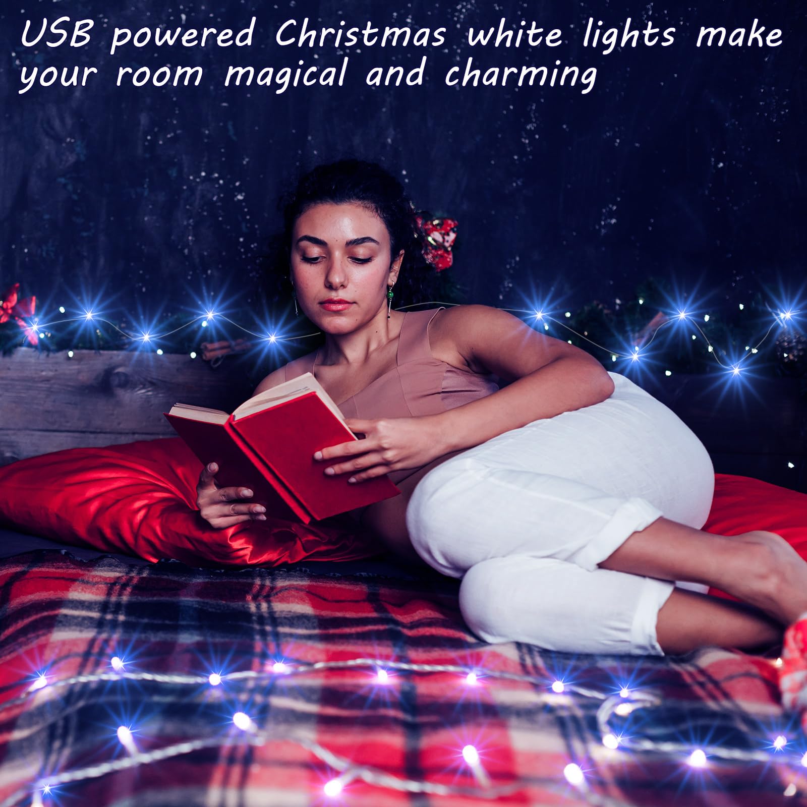 Macarrie Guirnalda de 12 luces USB de 33 pies, 100 luces LED alimentadas para interiores y exteriores, boda, fiesta, árbol, hogar, festival, decoración de jardín