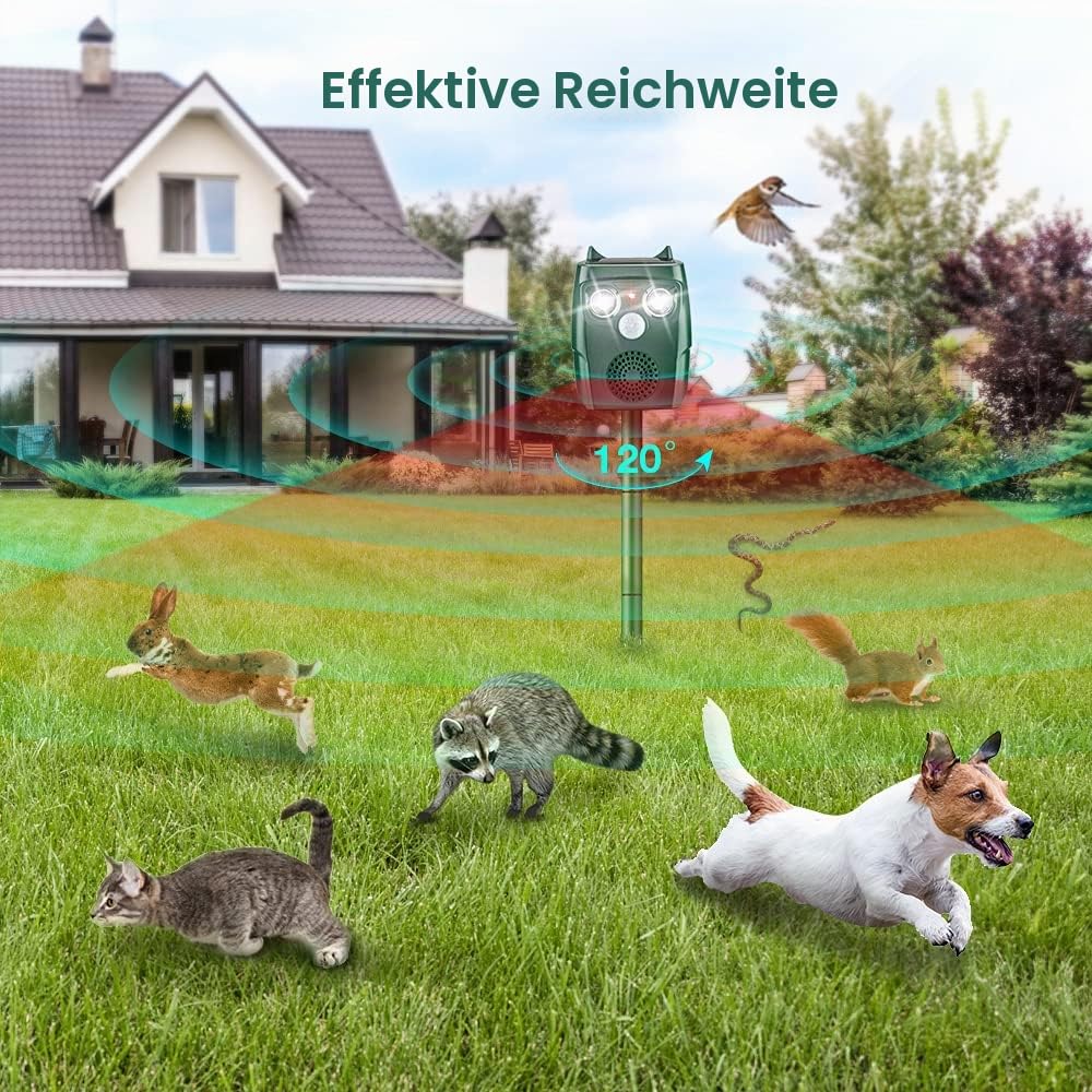 Solarbetriebenes Katzenschreck für Garten, Katzenschreck Ultraschall Solar wasserdichte, Tiervertreiber Katzenabwehr für Katzen, Hunde, Vögel, Mäuse, Hund Draussen, USB und Solarladung