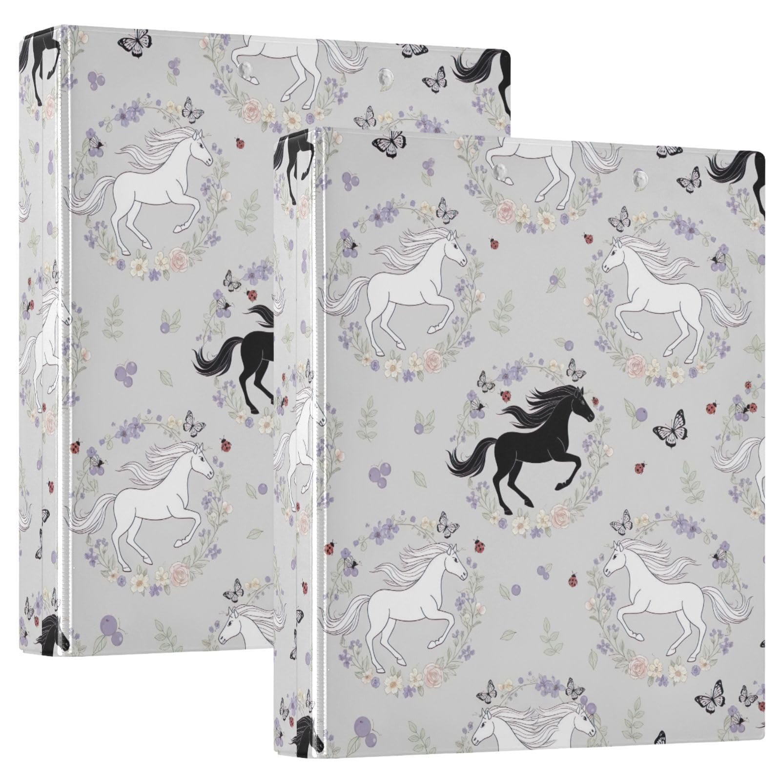 Raccoglitore a 3 anelli con motivo floreale e cavalli bianchi e neri, 3,8 cm, confezione da 2