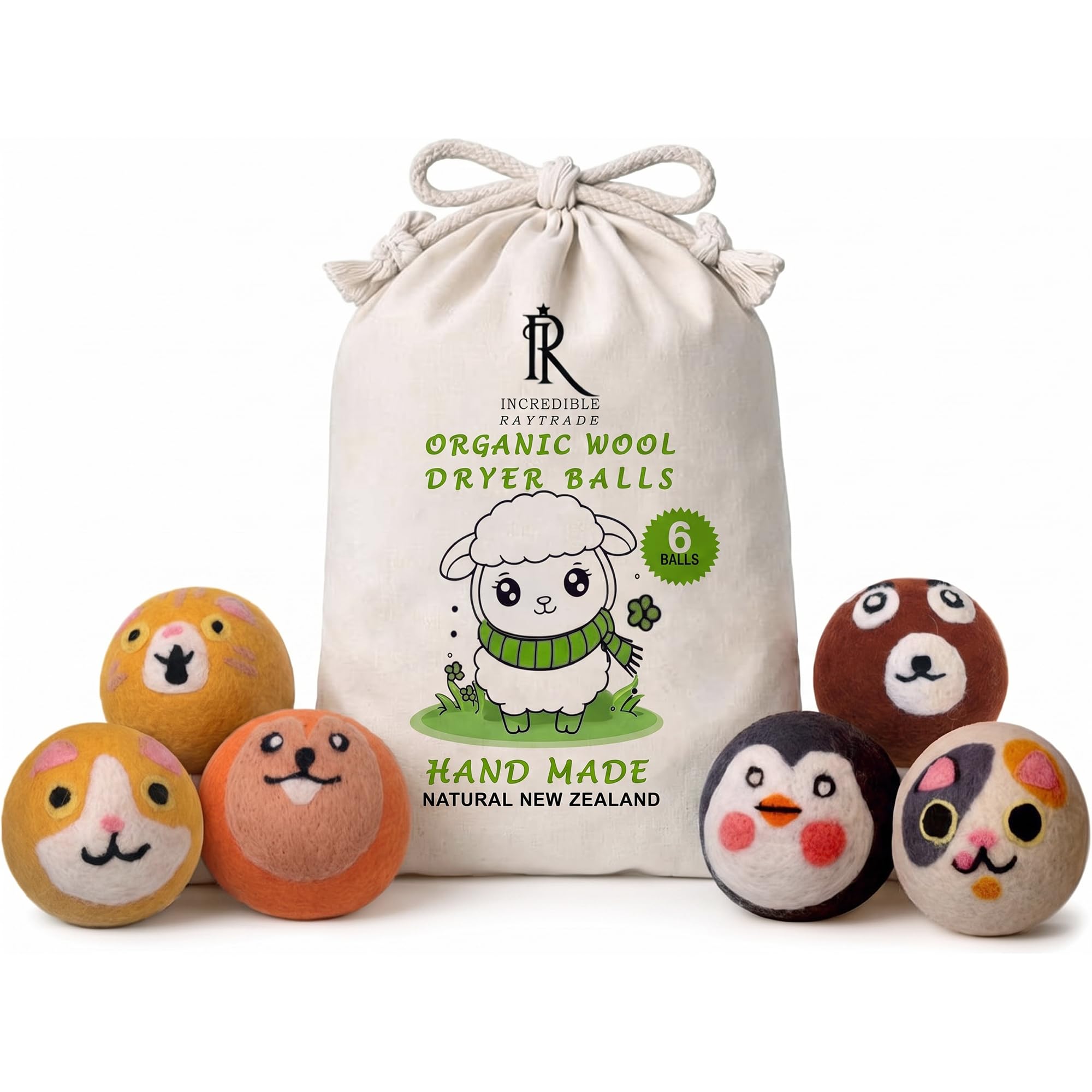 RAYTRADE Premium Wool Dryer Balls 6-Pack 100% Natural New Zealand Wool Reduces Clothing Wrinkles and Saves Drying Time Reusable Natural Fabric Softener (3 inch Round Pack of 6 Mix Shapes)
