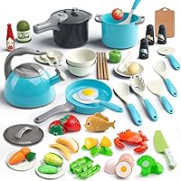 Vista 10 de Bruvoalon Juego de 67 piezas de juguetes de cocina para niños, juego de cocina de simulación para niños pequeños con ollas, sartenes, utensilios