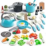 Bruvoalon 67Pcs Kids Play Kitchen Toys Set, Toddlers Pretend Cooking Playset Acccessories with Pots Pans, Utensils Cookware, Foods, Canned Veges, Learning Gift for Kids Girls Boys (Turquoise)