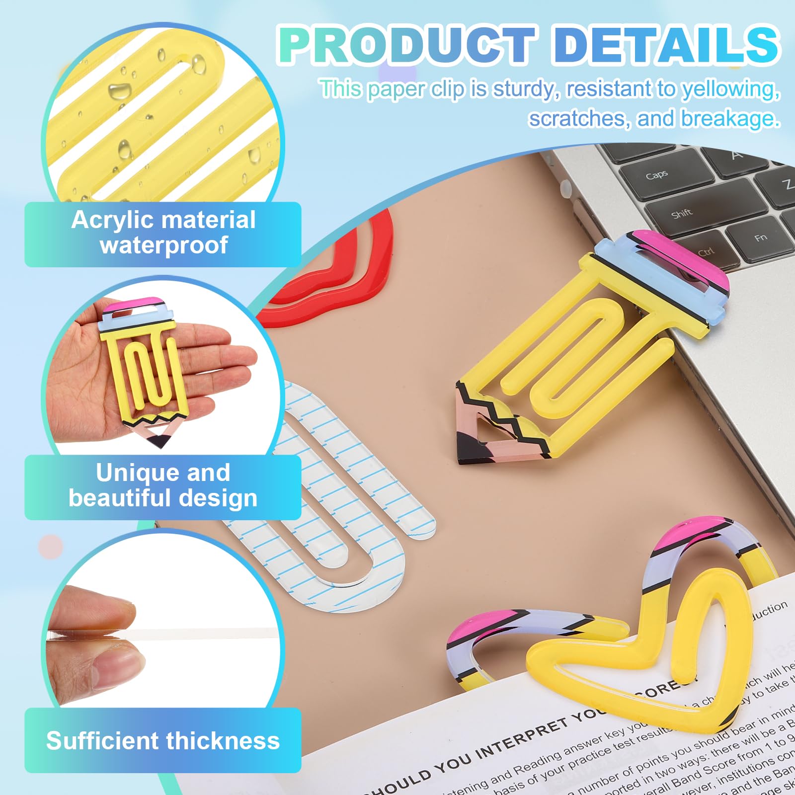 PATIKIL 10Pack Acrylic Paper Clip, 1.97 x 3.94 Inch Pencil Shape Huge Sublimation Paper Clip Bookmarks with Card for Office Holders Envelope DIY Crafts Gifts Home, Yellow - Image 3