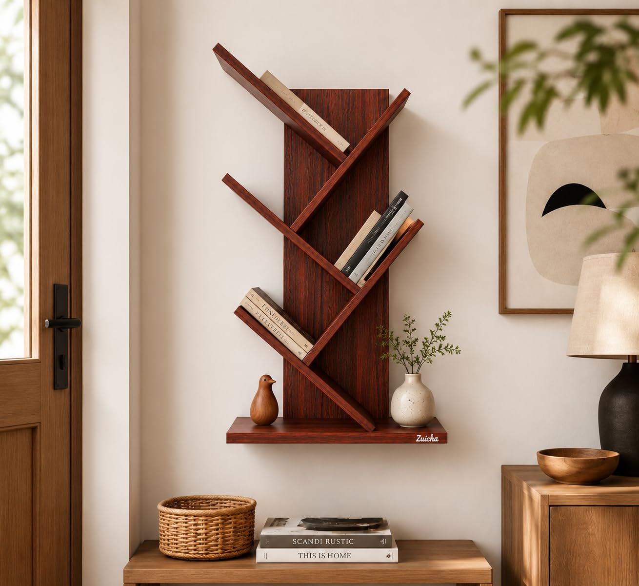 Zuicka Tree Bookshelf Wall Mounted Wooden Book Shelf for Living Room, Modern Floating Bookcase, Decorative Display Rack for Books & Home Dรฉcor, Space Saving Storage Shelf, Rustic Brown Finish