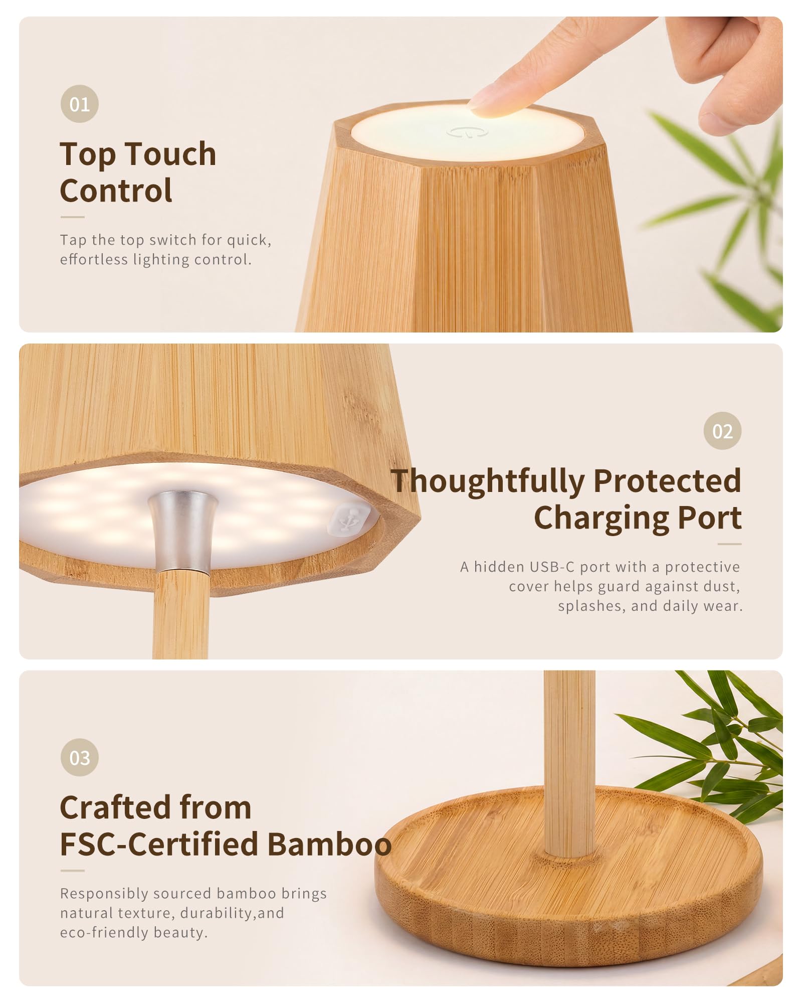 Lámpara LED de Mesa Inalámbrica–Recargable,Touch Dimmerable,Estilo Escandinavo Bohémien en Bambú,Impermeable,Luz Ambiental Portátil para Mesita de Noche,Dormitorio,Sala,Patio-BAMO TL12
