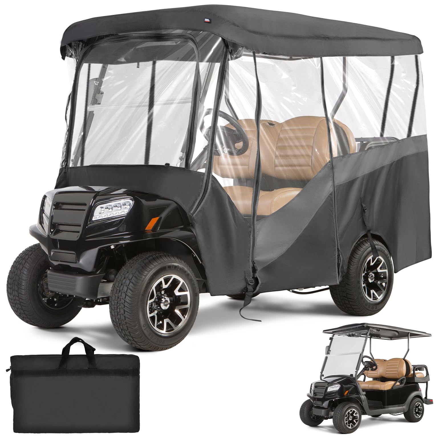 KEMIMOTO Golf Cart Enclosure, 4&6 Passenger Golf Cart Rain Cover, 600D Waterproof Driving Enclosure with Clear PVC Windshield for Extended Roof Cart