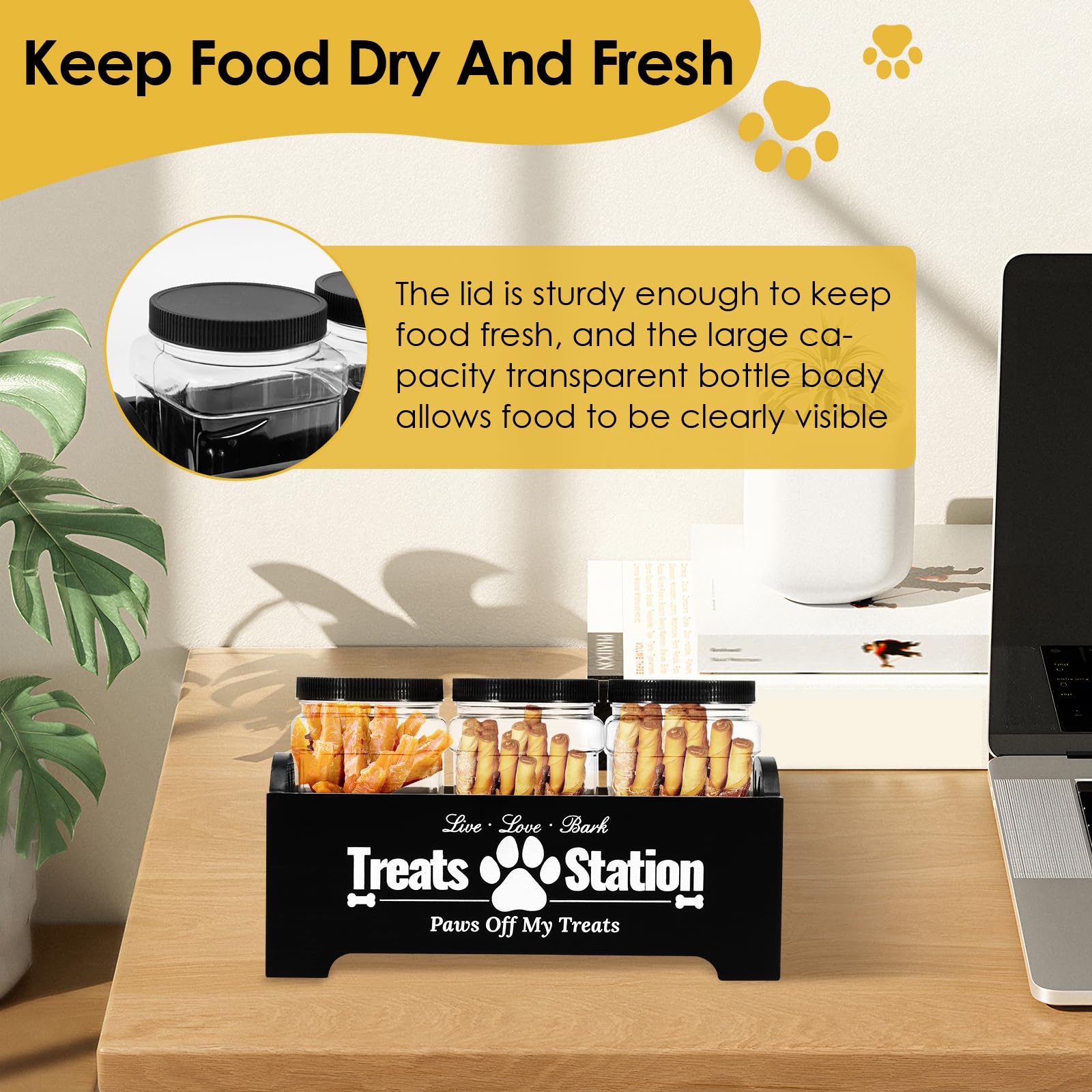 Dog Treat Container with 3 Plastic Dog Treat Jars Cute Dog Food Container Reusable Cat Food Container Decorative Dog Treat Holder for Dog and Cat(black)