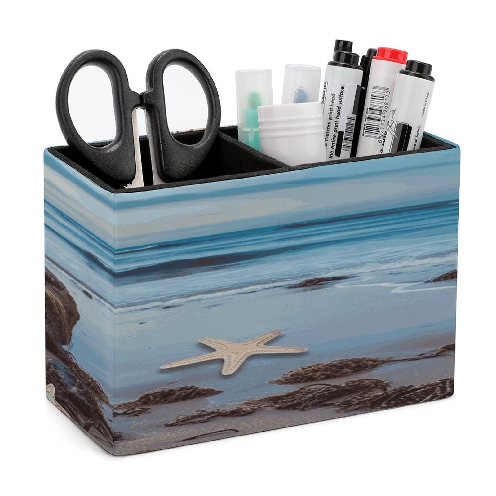 LDGSUPH Starfish Lighthouse Beach Leather Pen Holder for Desk Organizer Caddy Large Pencil Cup Multi-function Pencil Holder Makeup Brush Holders Pen Organizer for Home Office Storage Box