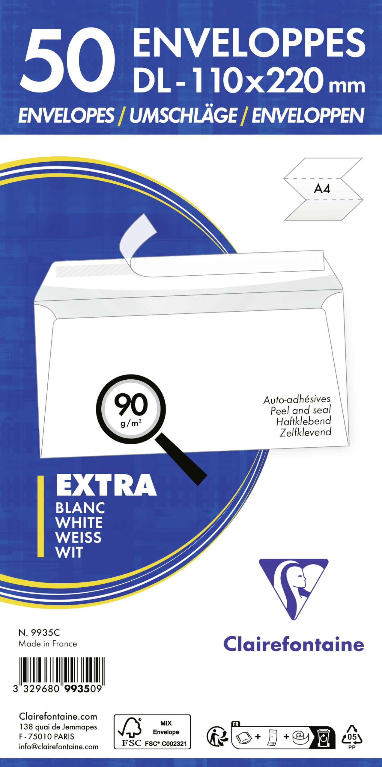 Clairefontaine 9935C koperty x50 DL 110x220 mm 90 g, białe